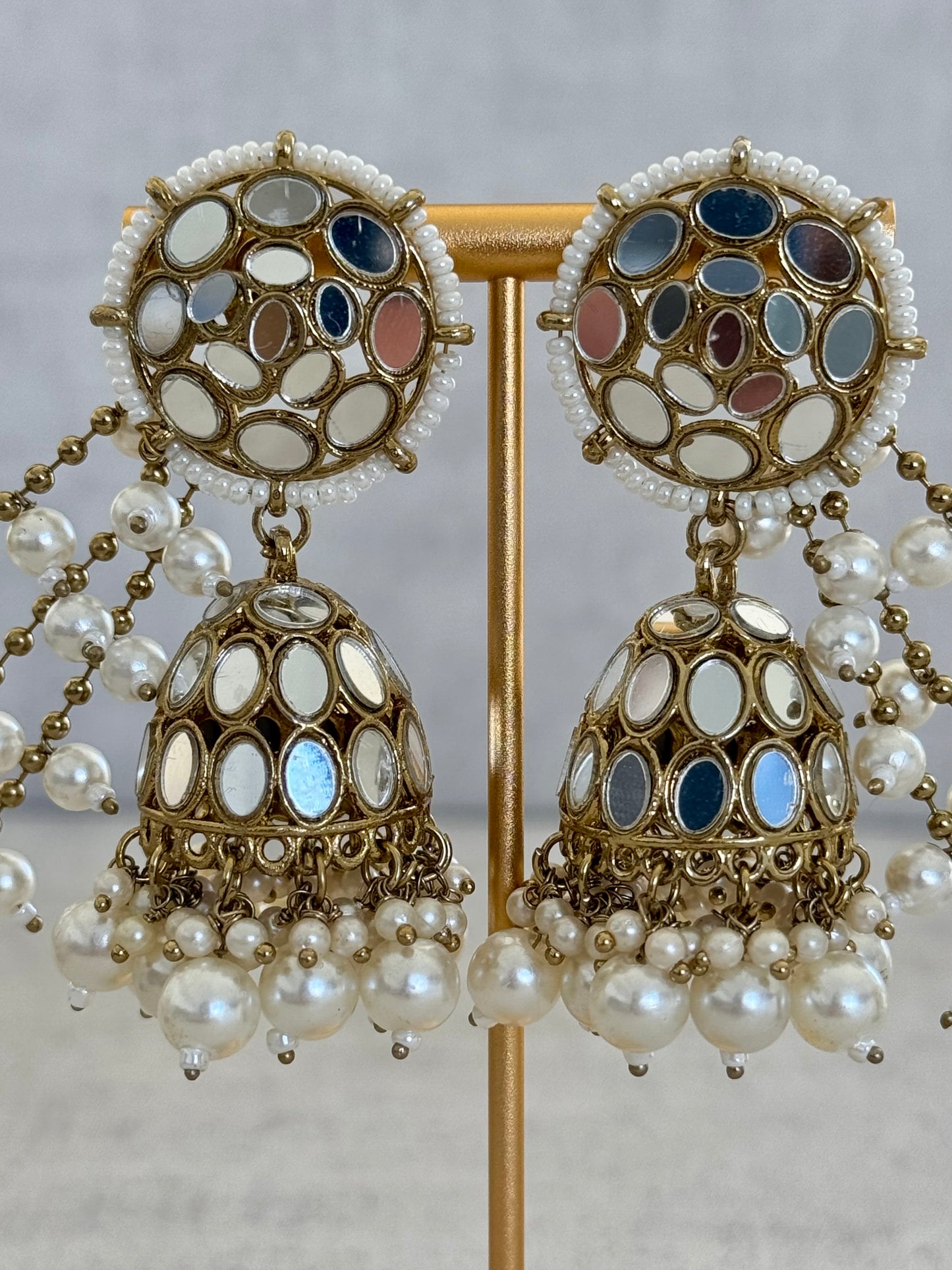 Ayura Designs Aaina Jhumkis with Sahare – Antique Gold Mirror Work & Pearl Earrings