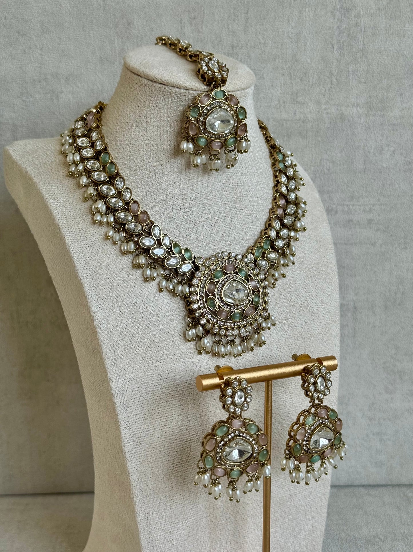 Ayura Designs Warda Set with Earrings & Tikka – Pistachio Green & Blush Pink Stones, Pearls & Antique Gold Finish