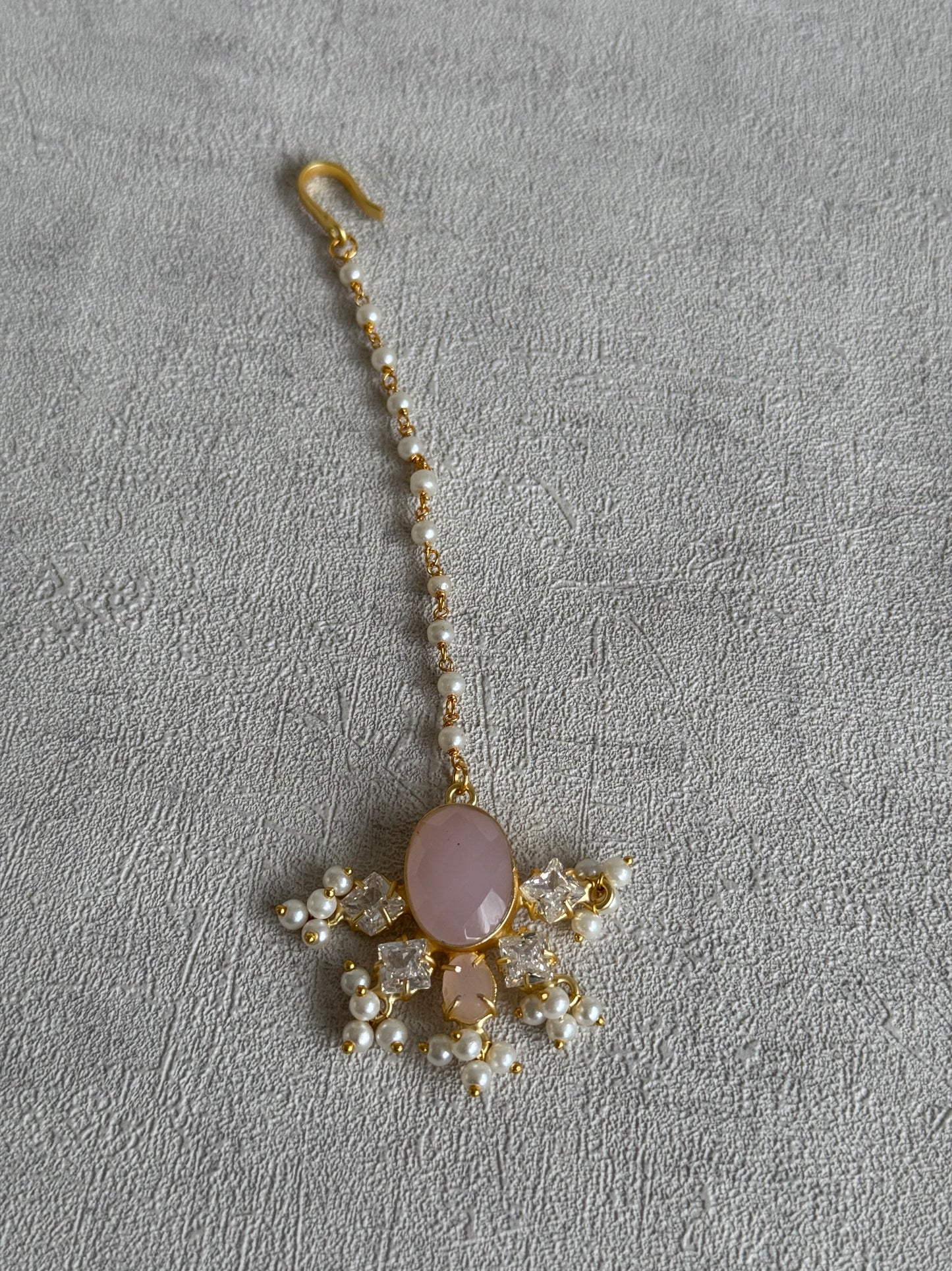 Ayura Designs Parisa Set with Tikka & Earrings – Rose Quartz, Crystals & Pearls