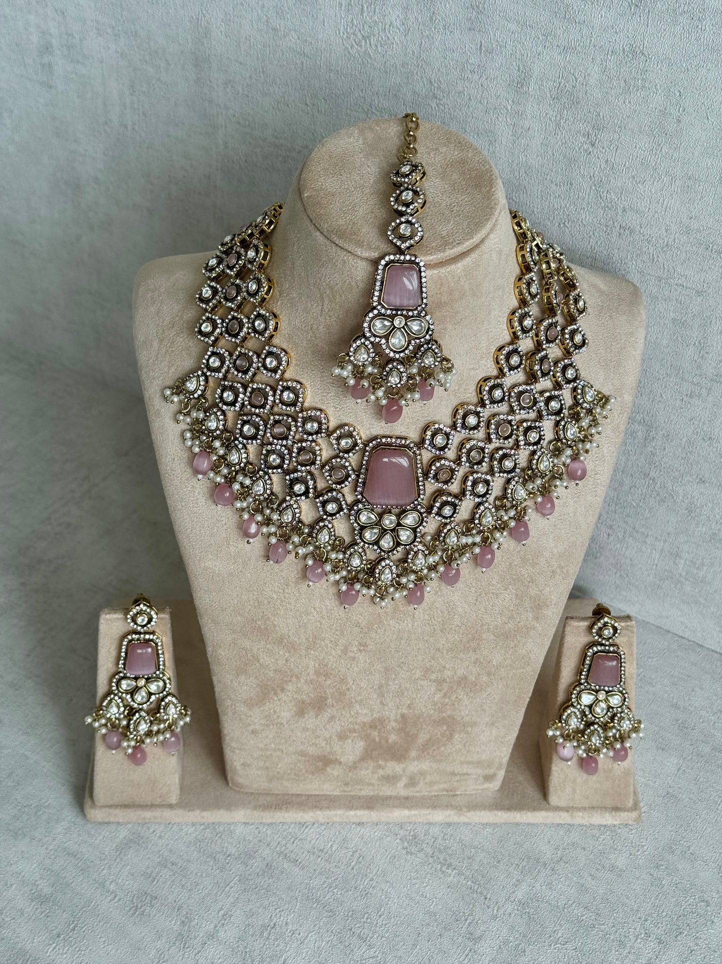 Ayura Designs Gulrukh Bridal Set with Necklace, Jhumkis & Tikka – Jadau Kundan Craftsmanship with Mirror-Cut Polki, Blush Rose Stones & Antique Gold Finish
