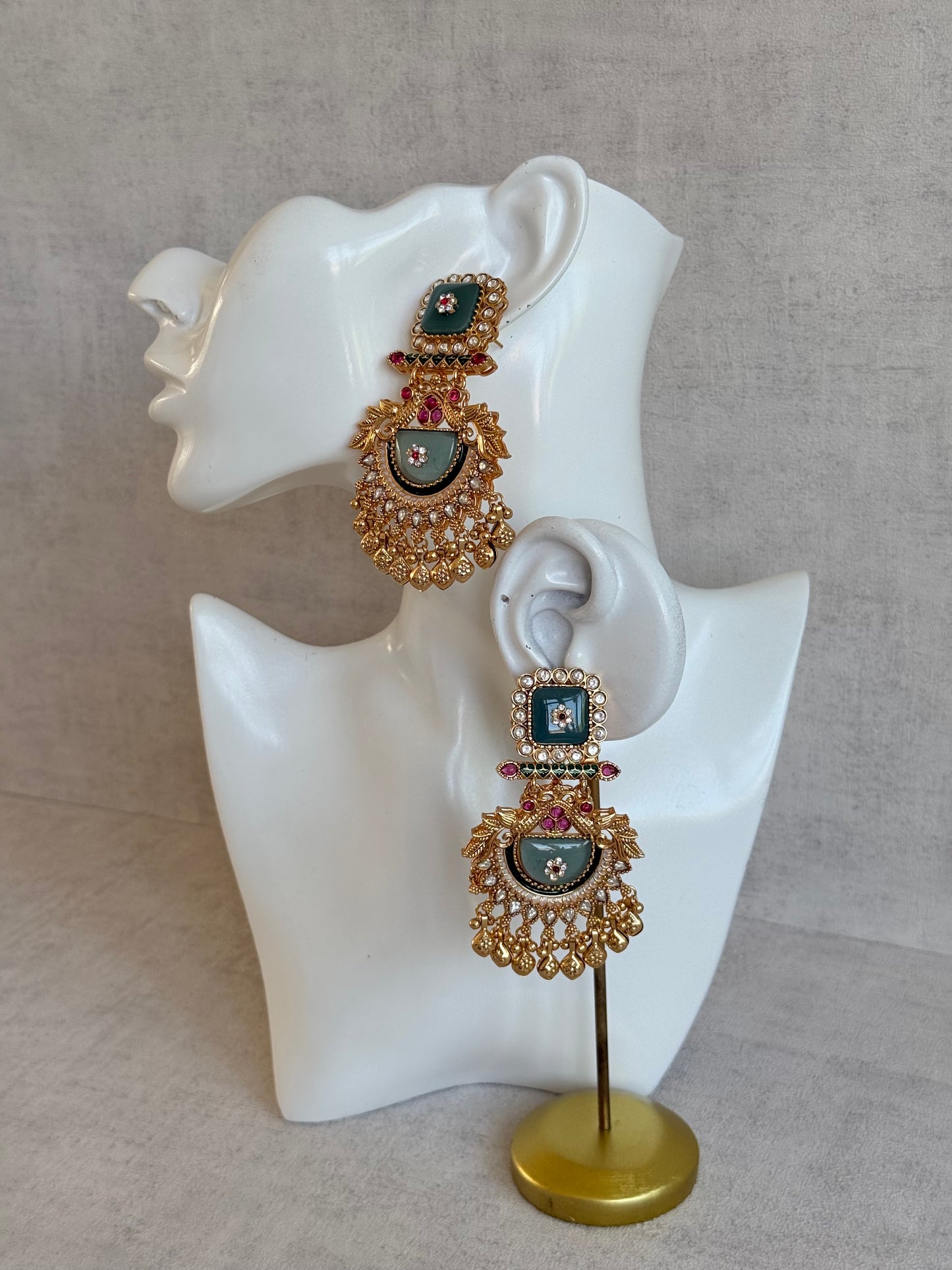 Ayura Designs Aranya Earrings – Sage Green & Rani Pink Statement Earrings