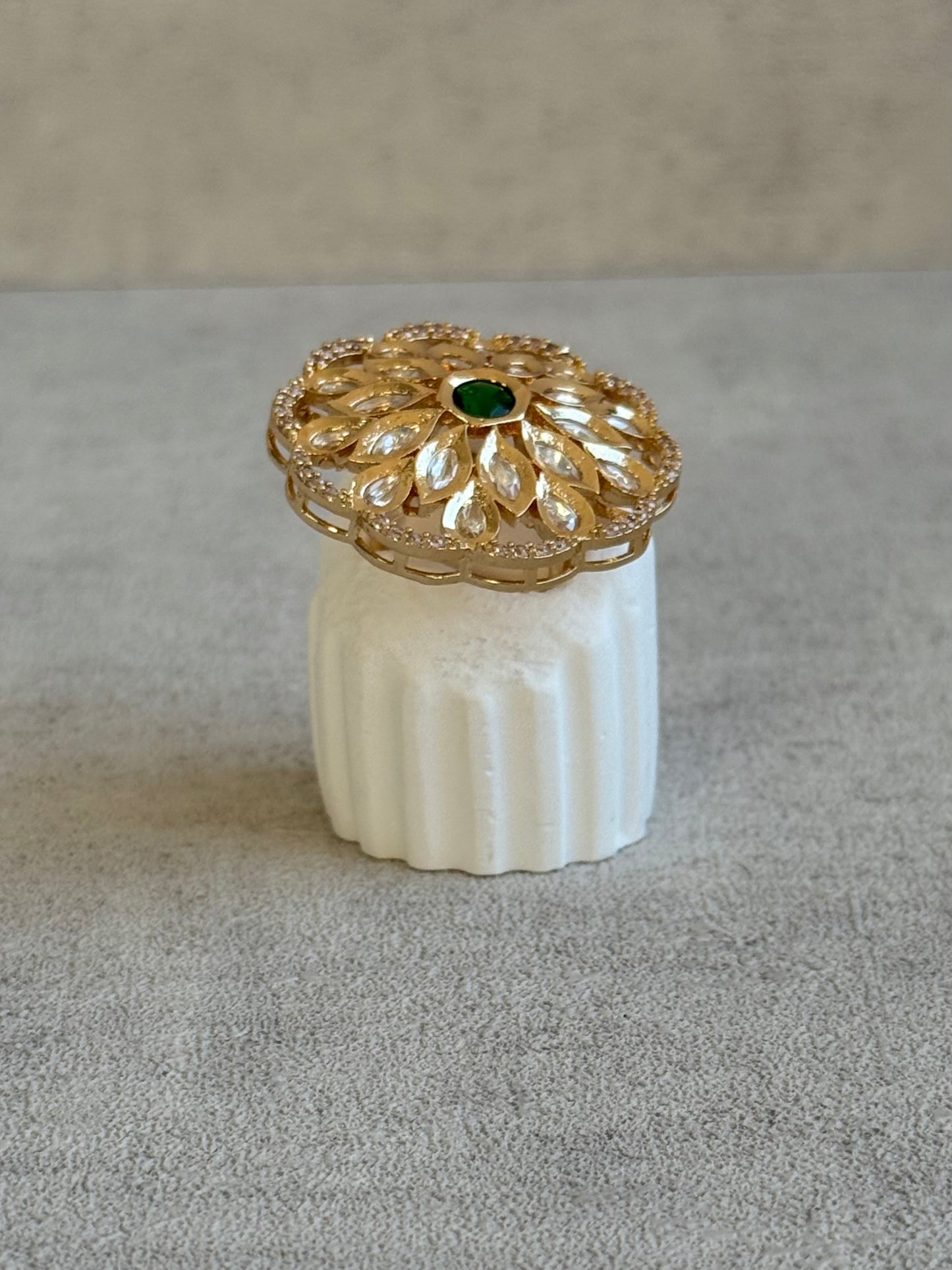 Ayura Designs Elisa Adjustable Ring – Moissanite Floral Ring with Emerald Green Centre & Crystal Border