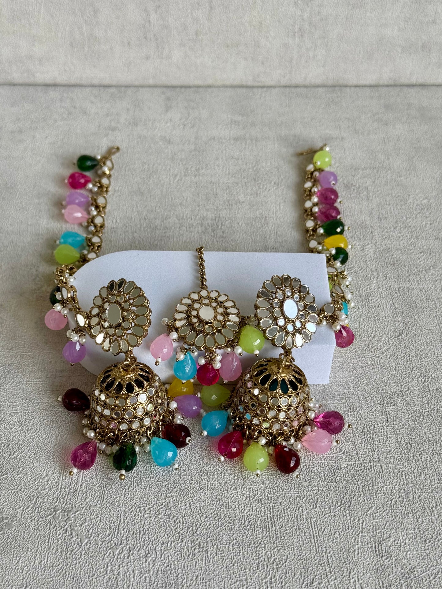 Ayura Designs Fitoor Tikka Set – Mirror Work with Multicolour Beads, Pearl Detailing & Matching Sahare