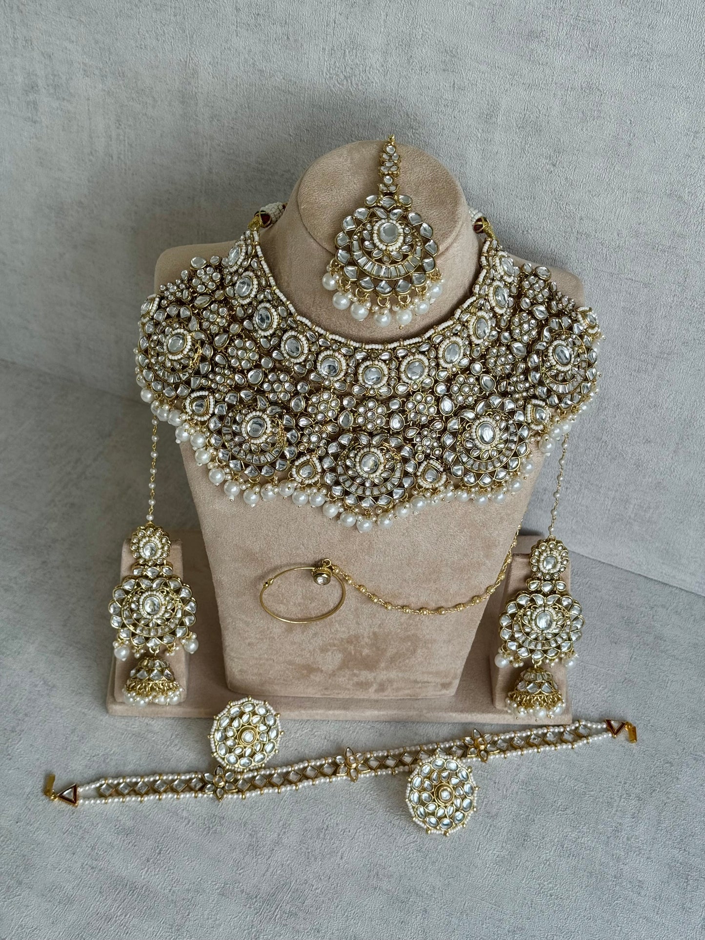 Ayura Designs Meherbano Bridal Set with Necklace, Jhumkis, Tikka, Nath, Ring & Sheeshphool – Mirror-Cut Stones with Pearl Detailing