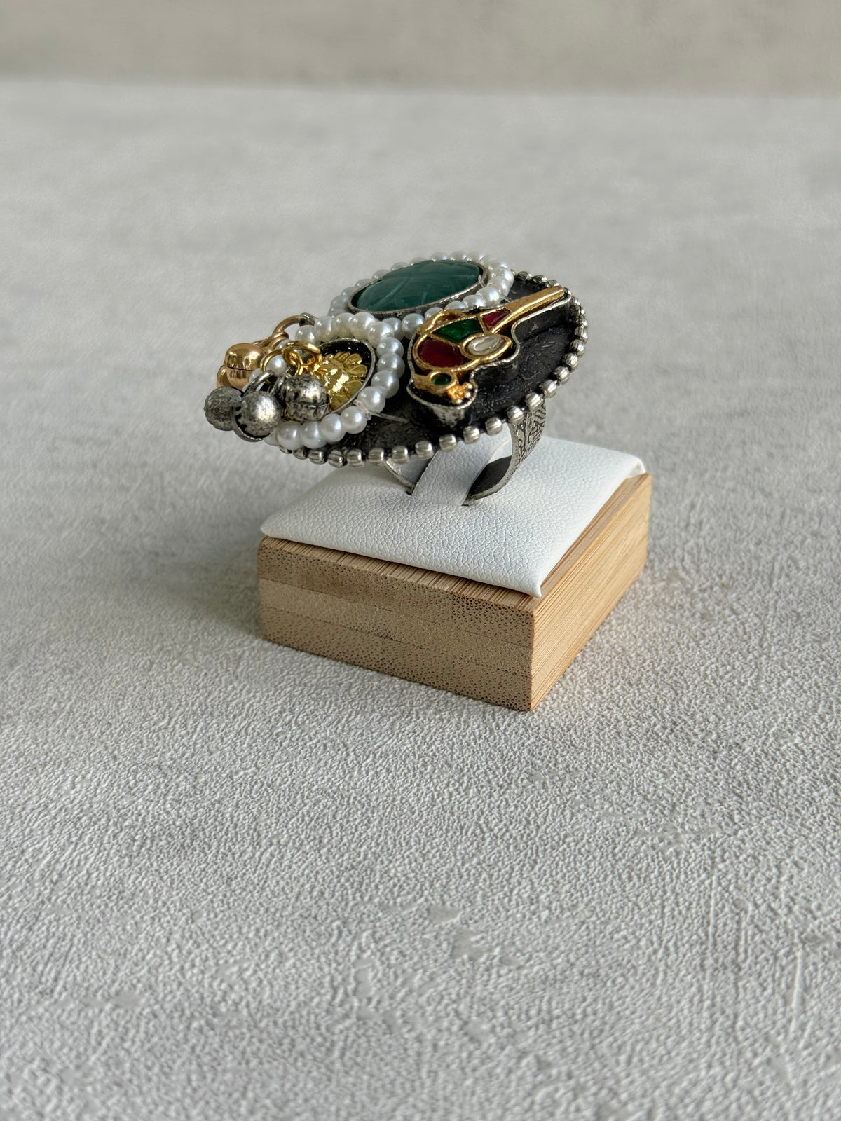 Ayura Designs Mihika Adjustable Ring – Oxidised Statement Ring with Green Stone, Pearl Detailing & Parrot Motif