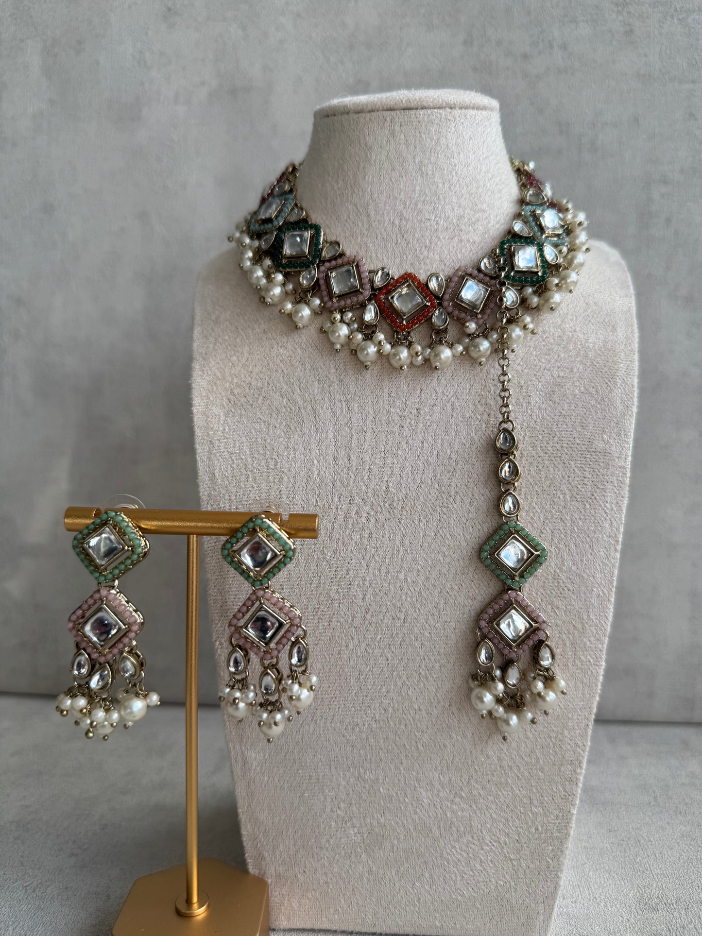 Ayura Designs Talia Set with Earrings & Tikka – Multicolour Enamel, Kundan & Pearls