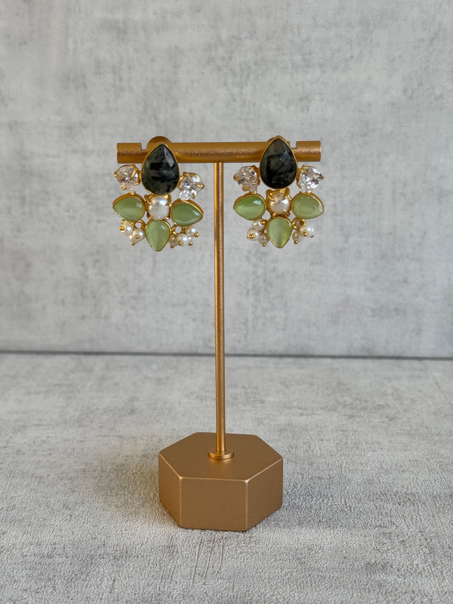 Ayura Designs Zaria Set with Tikka & Earrings – Prehnite, Dark Quartz, Pearls & Crystals