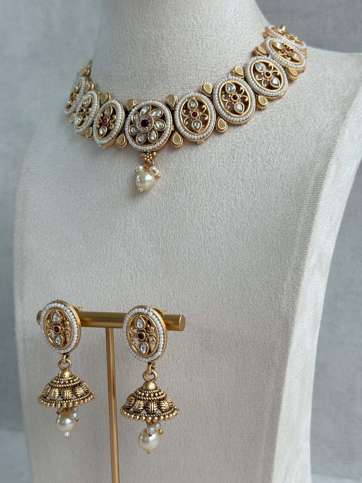 Ayura Designs Laina Necklace Set with Jhumkis – Kundan & Rani Pink Stones, Pearls & Antique Gold Finish