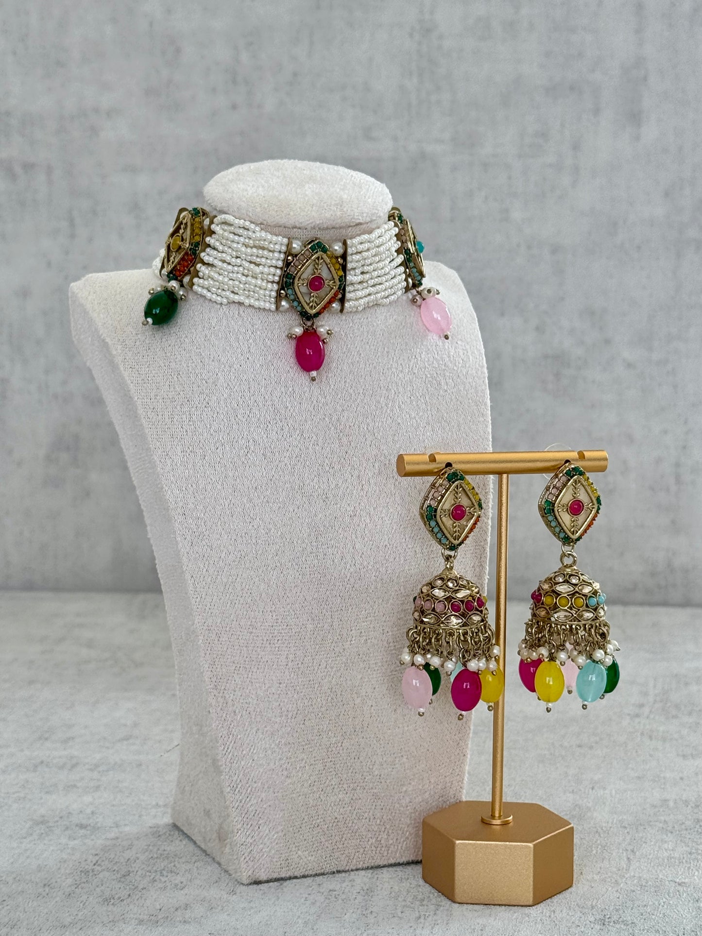 Ayura Designs Ariana Choker Set with Jhumkis – Kundan & Multicolor Beads in Antique Gold