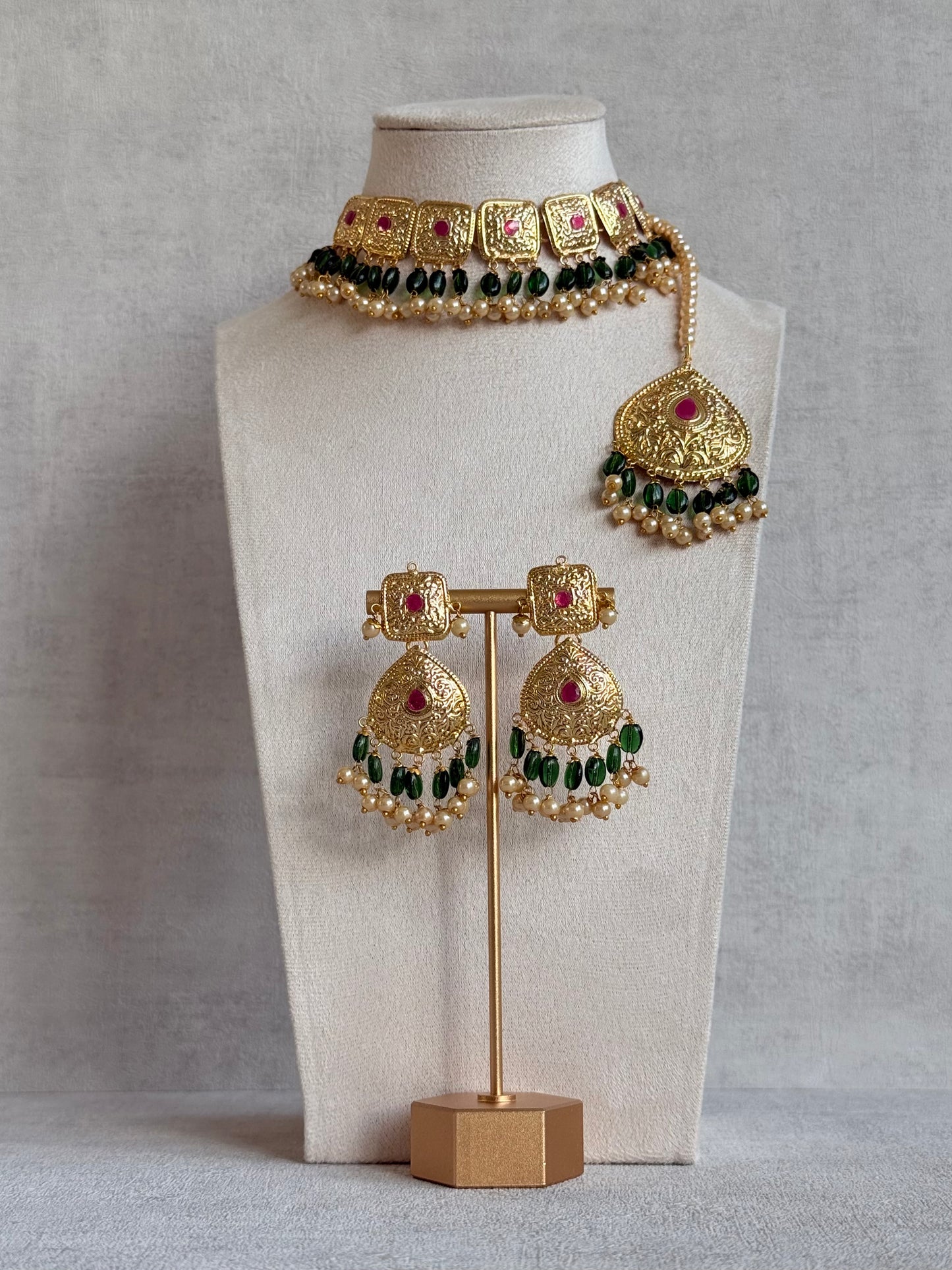 Ayura Designs Chetna Choker Set with Earrings & Tikka – Emerald Green Beads, Cream Pearl Drops with Pipal Patti Detailing