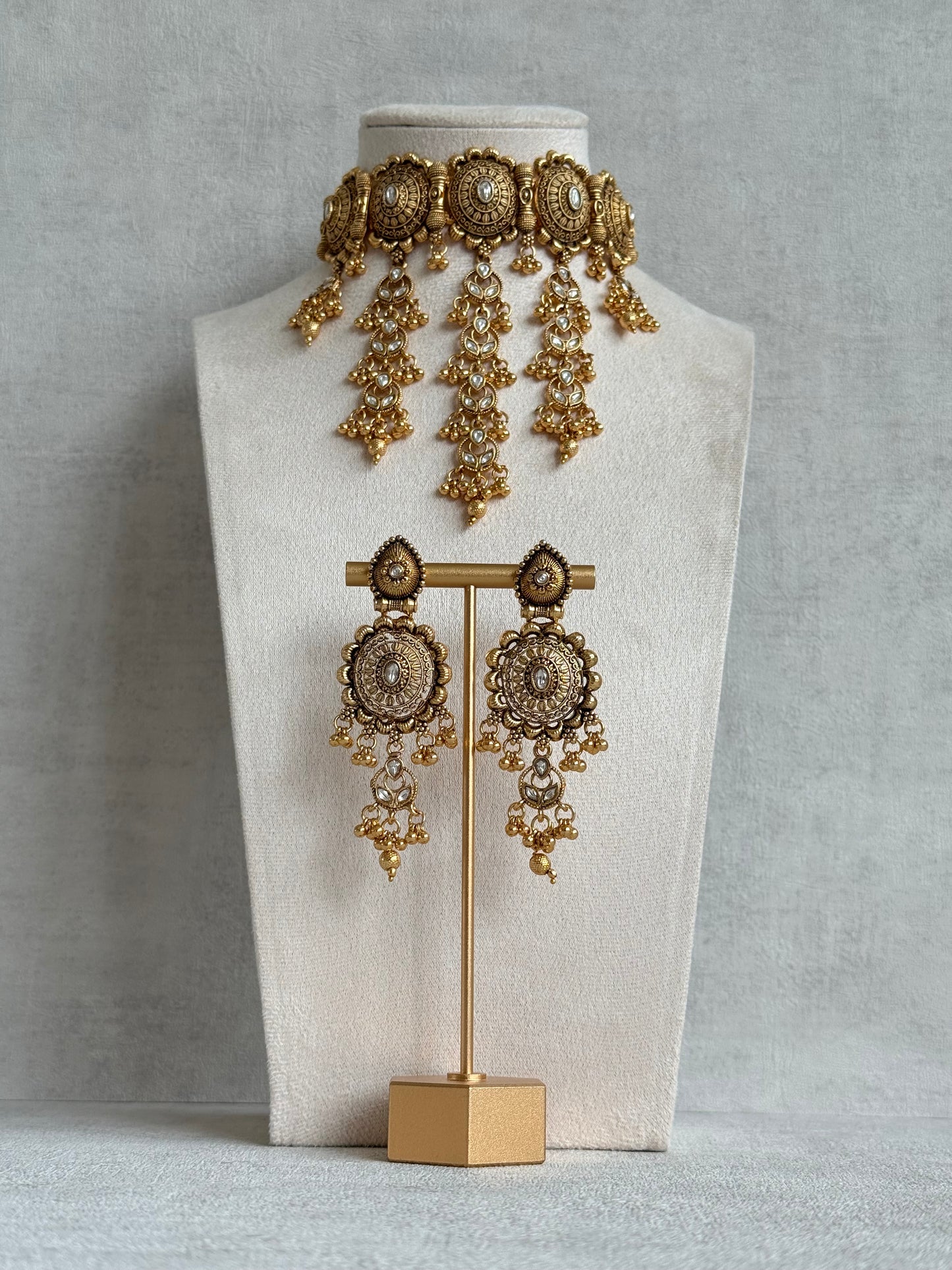 Ayura Designs Kabini Choker Set with Earrings – Gold Kundan Waterfall Choker with Ivory Pearls