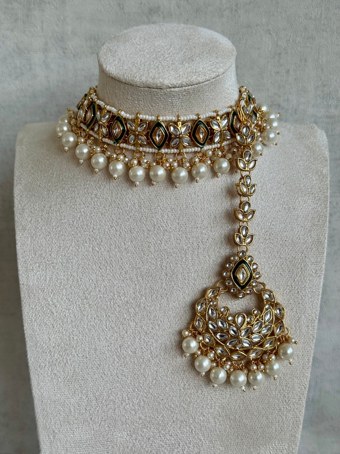 Ayura Designs Khwaab Set with Jhumkis & Tikka – Mirror-Cut Stones with Ivory Pearl Drop Detailing