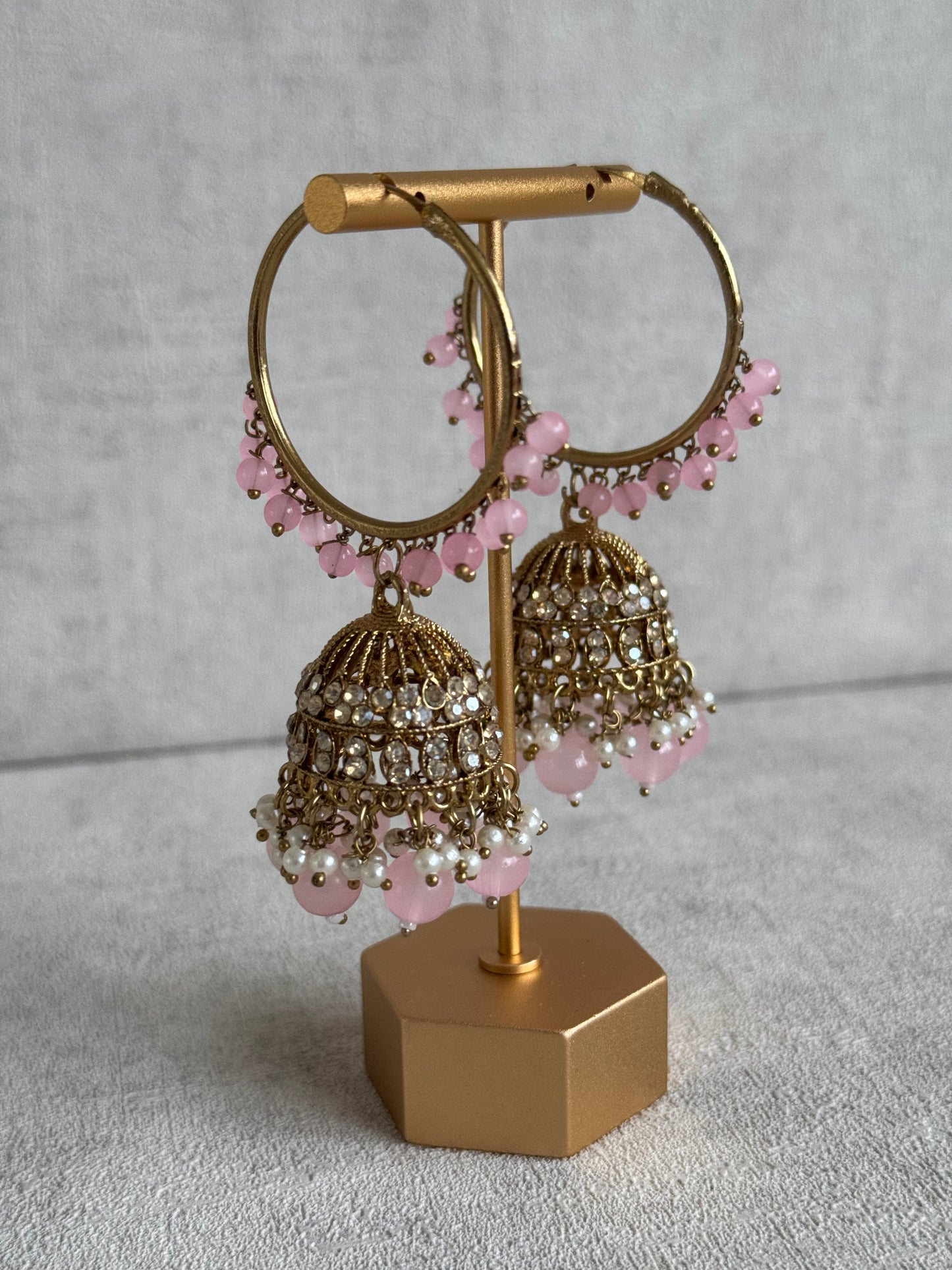 Ayura Designs Dastoor Tikka Set with Balis – Baby Pink Beads, Champagne Stones & Pearls