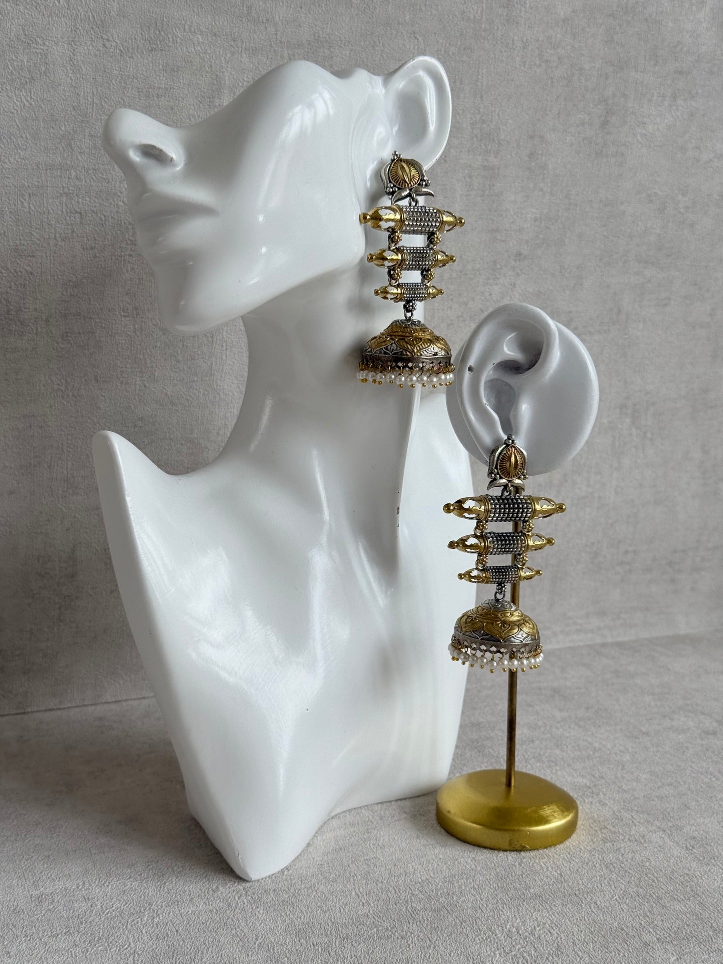 Ayura Designs Tehzeeb Earrings – Dual Tone Oxidised Statement Jhumkis with Pearl Detailing