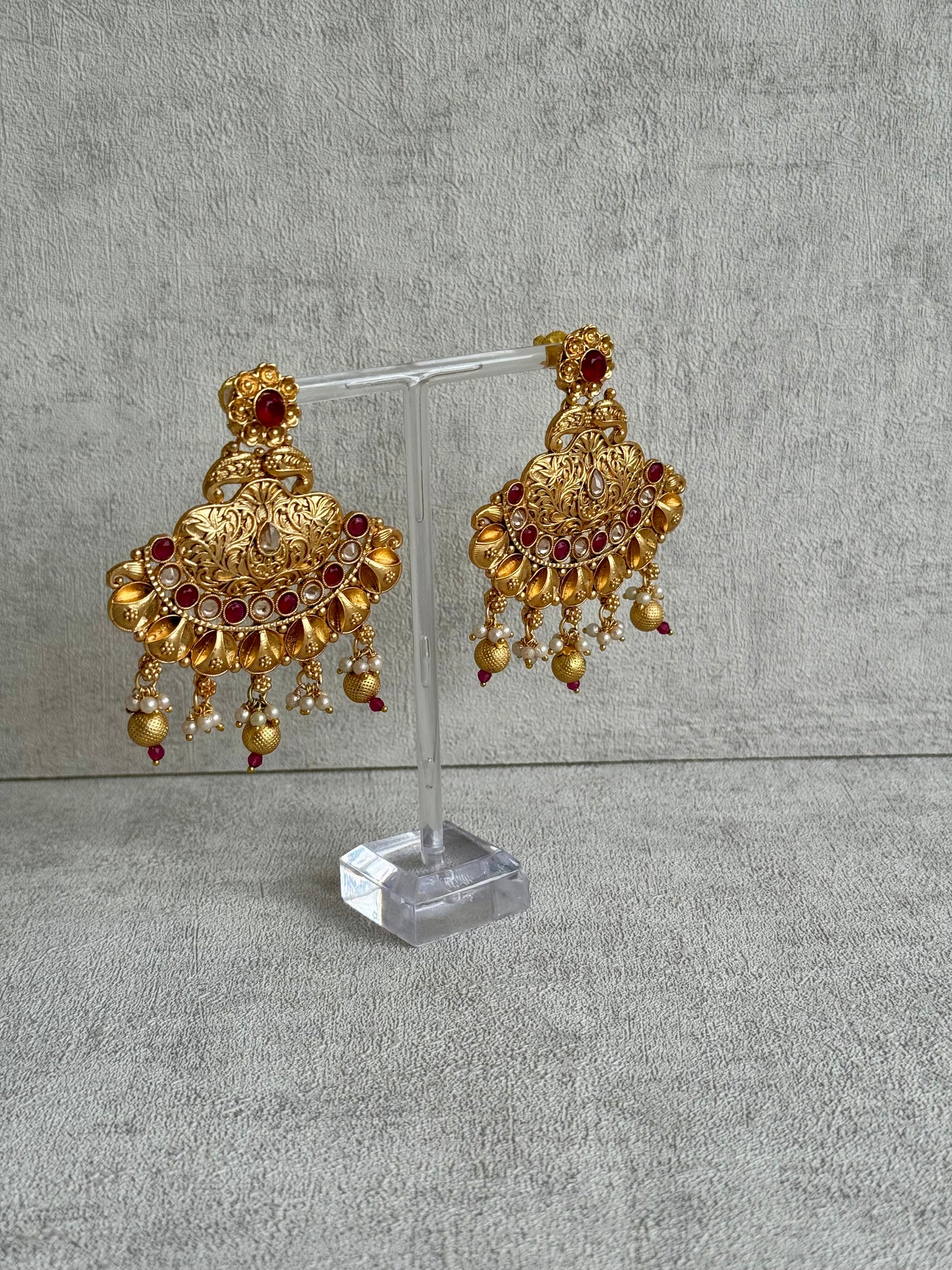 Ayura Designs Neera Earrings in Antique Gold with Red Glass Stones, Mirror-Cut Polki & Pearls