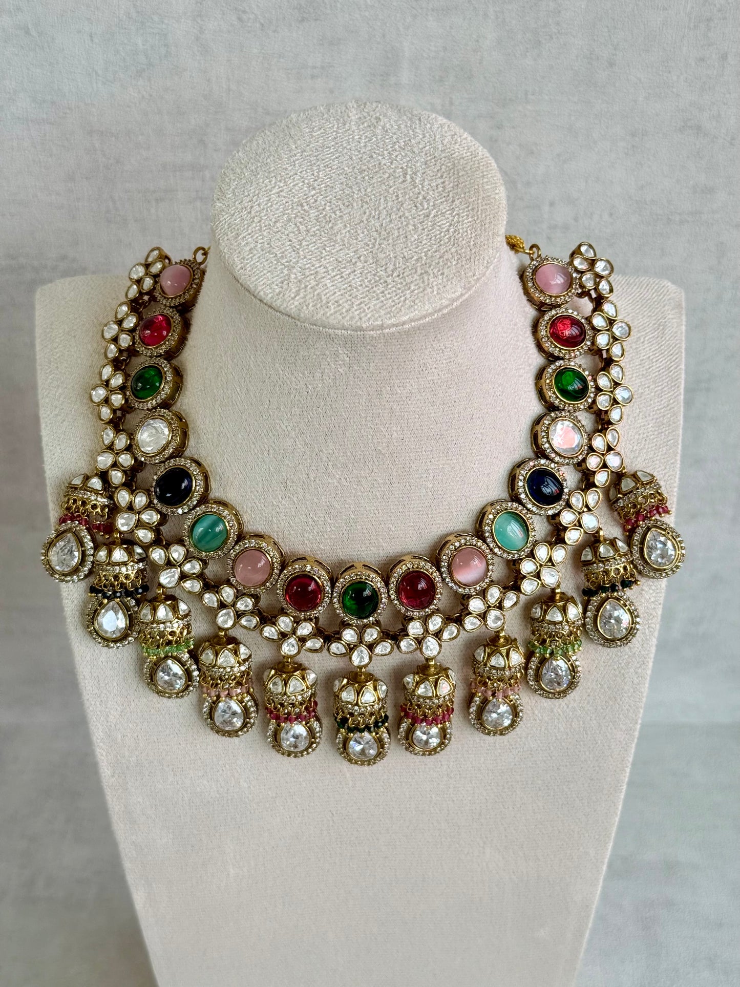 Ayura Designs Imara Set with Necklace & Jhumkis – Multicolour Stones with Kundan Detailing & Crystal Drop