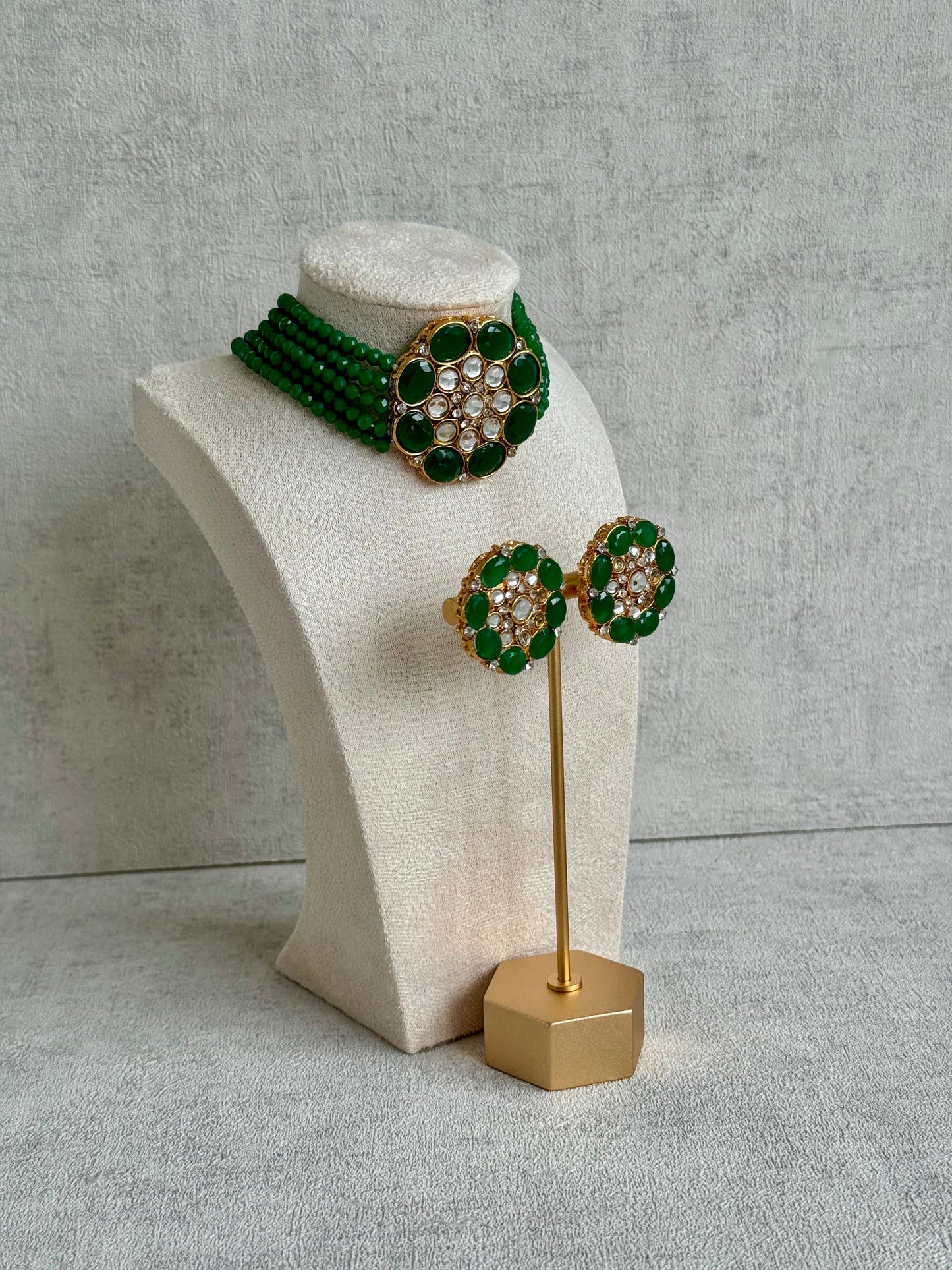 Ayura Designs Yasmin Kundan Choker Set with Studs – Emerald Green Beads & Mirror-Cut Stones