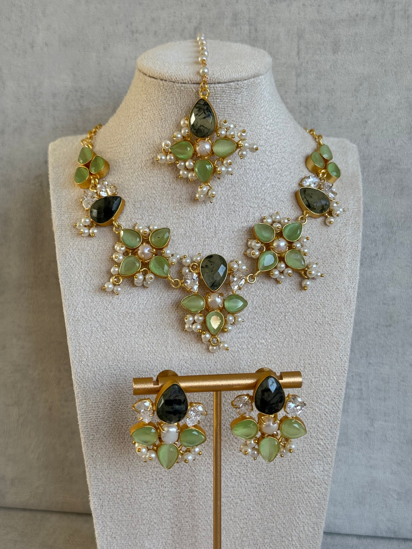 Ayura Designs Zaria Set with Tikka & Earrings – Prehnite, Dark Quartz, Pearls & Crystals