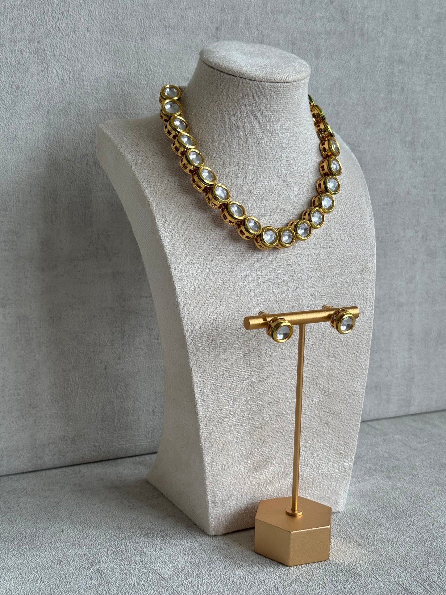 Ayura Designs Saanvi Set – Classic Gold Polished Kundan Necklace with Circular Clear Stones & Matching Stud Earrings