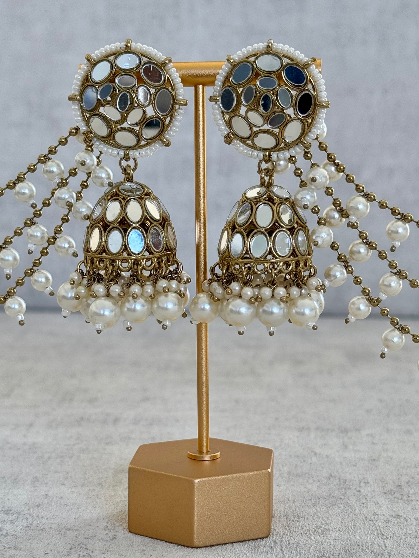 Ayura Designs Aaina Jhumkis with Sahare – Antique Gold Mirror Work & Pearl Earrings