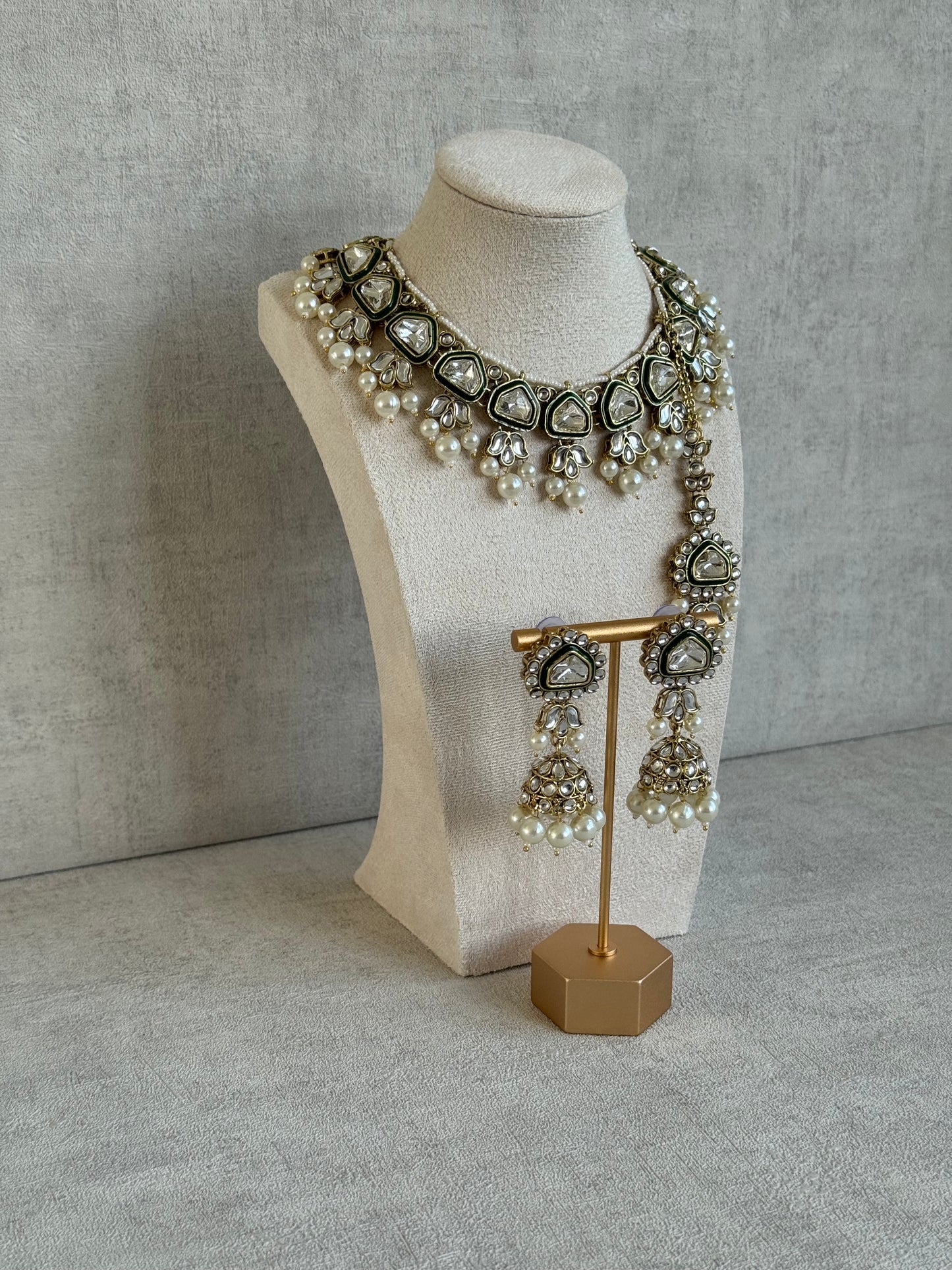 Ayura Designs Izza Set with Jhumkis & Tikka – Mirror-Cut Kundan Stones, Pearl Drops & Emerald Green Enamel Finish