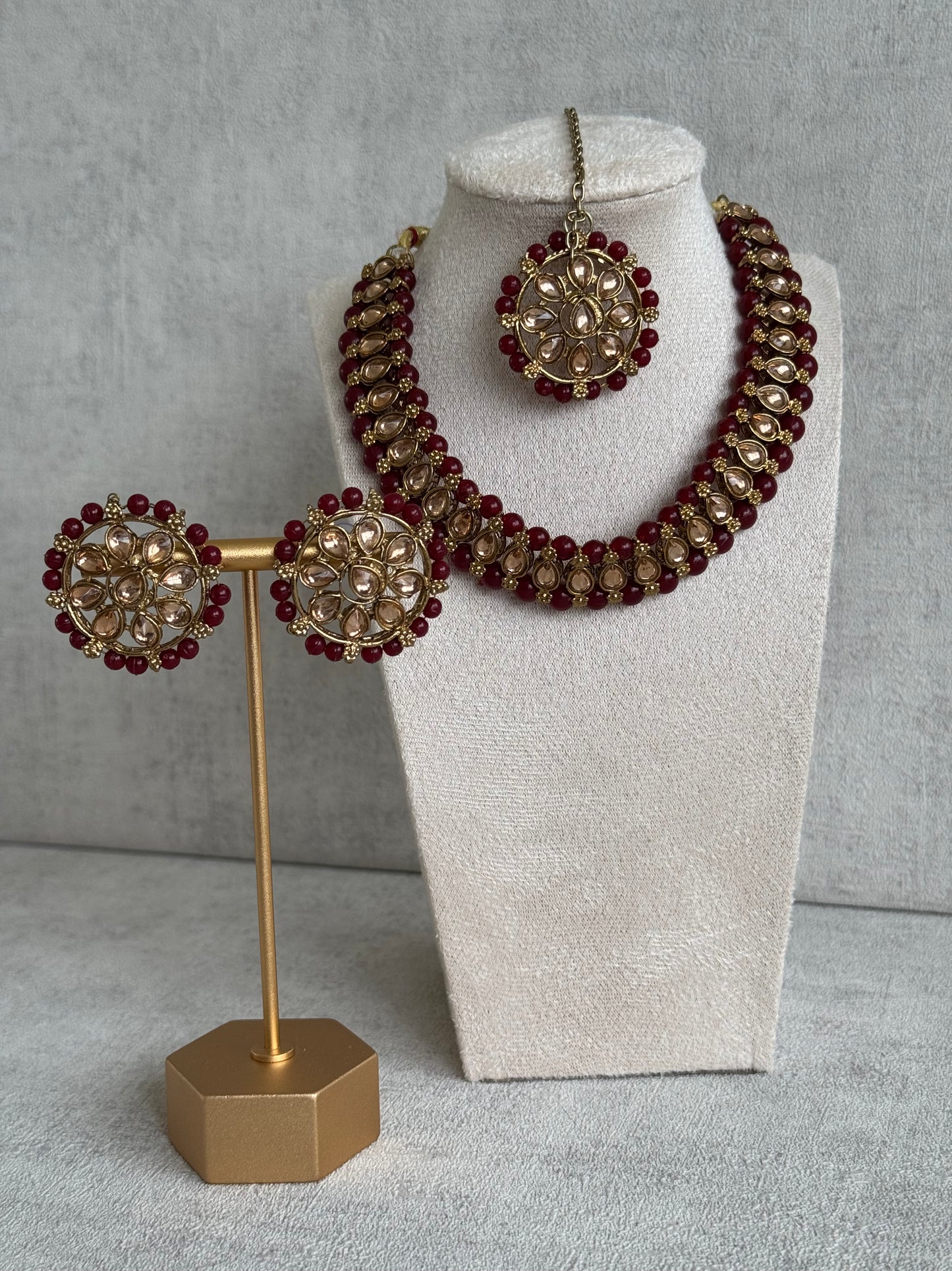 Ayura Designs Hala Set with Tikka & Studs – Maroon Beads & Champagne Kundan