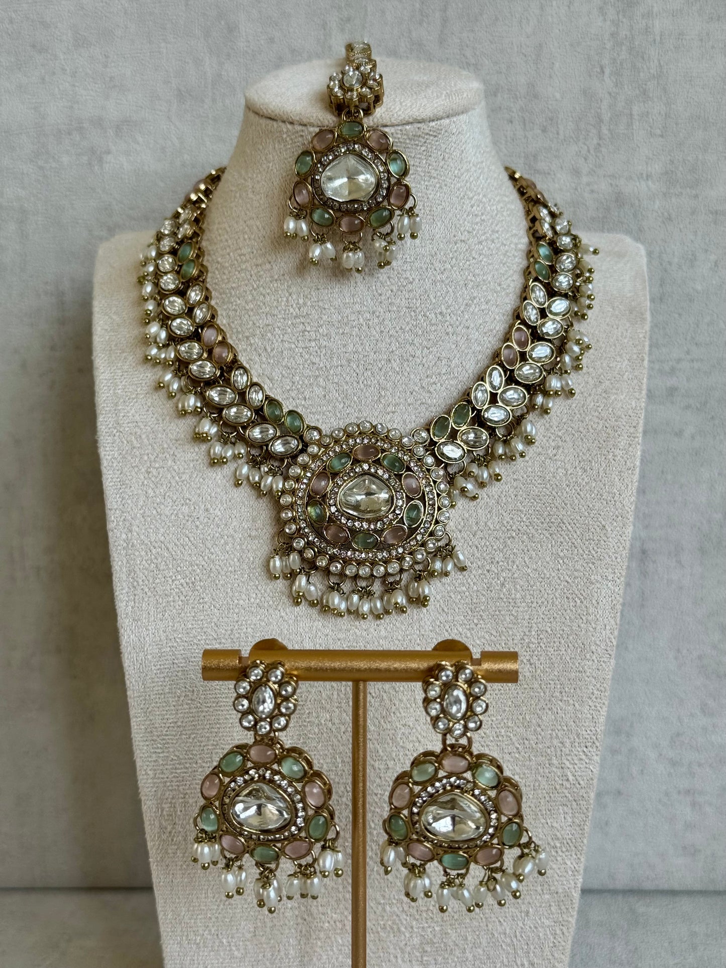 Ayura Designs Warda Set with Earrings & Tikka – Pistachio Green & Blush Pink Stones, Pearls & Antique Gold Finish