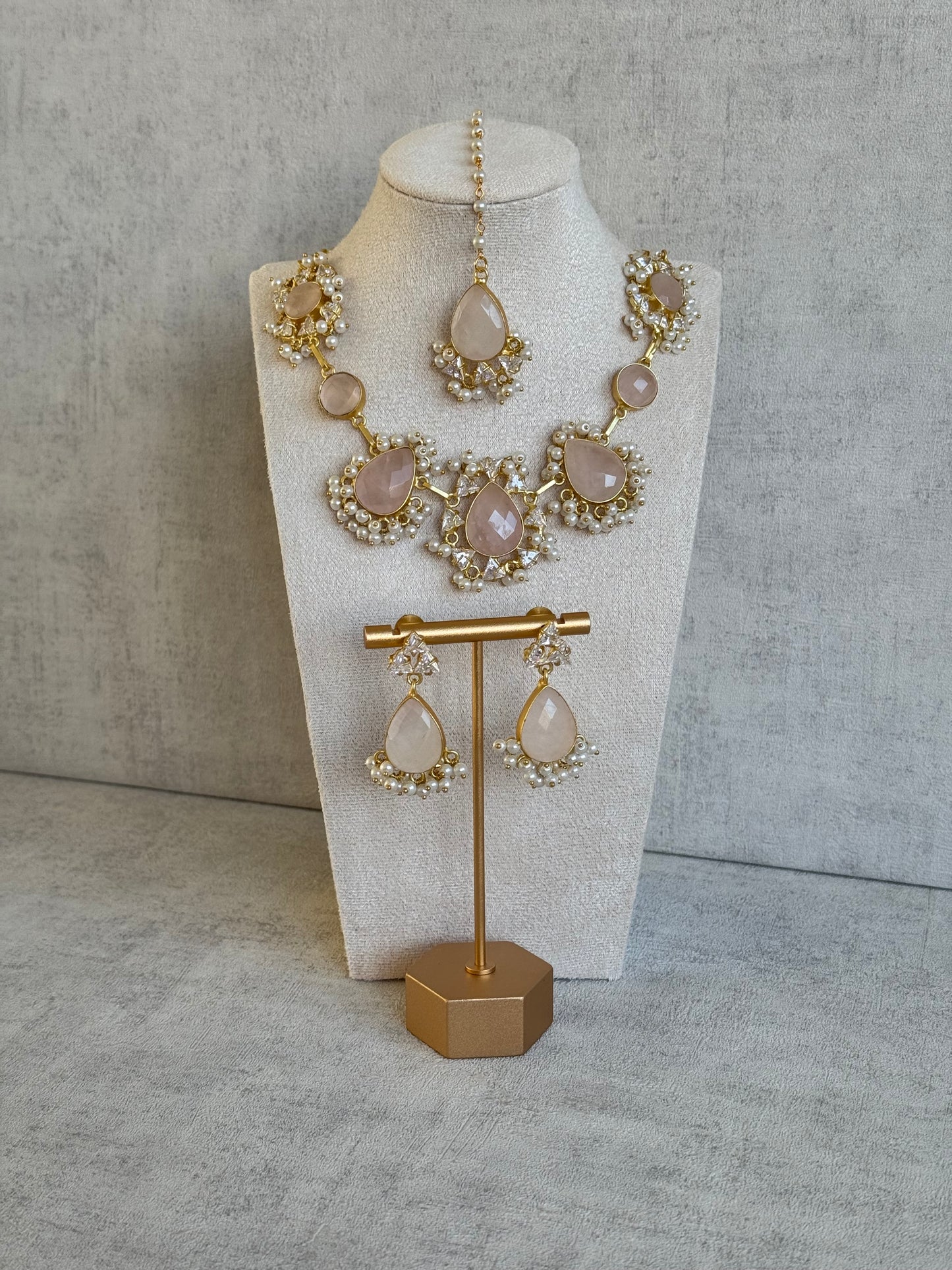Ayura Designs Rosa Set with Tikka & Earrings – Rose Quartz, Crystals & Pearls