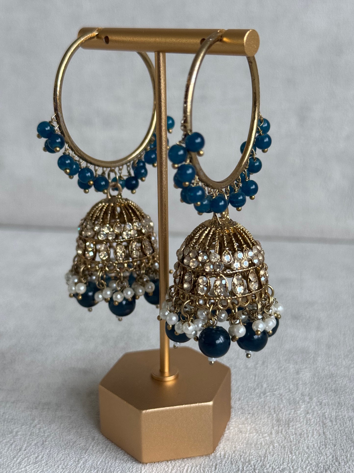 Ayura Designs Dastoor Tikka Set with Balis – Midnight Blue Beads, Champagne Stones & Pearls