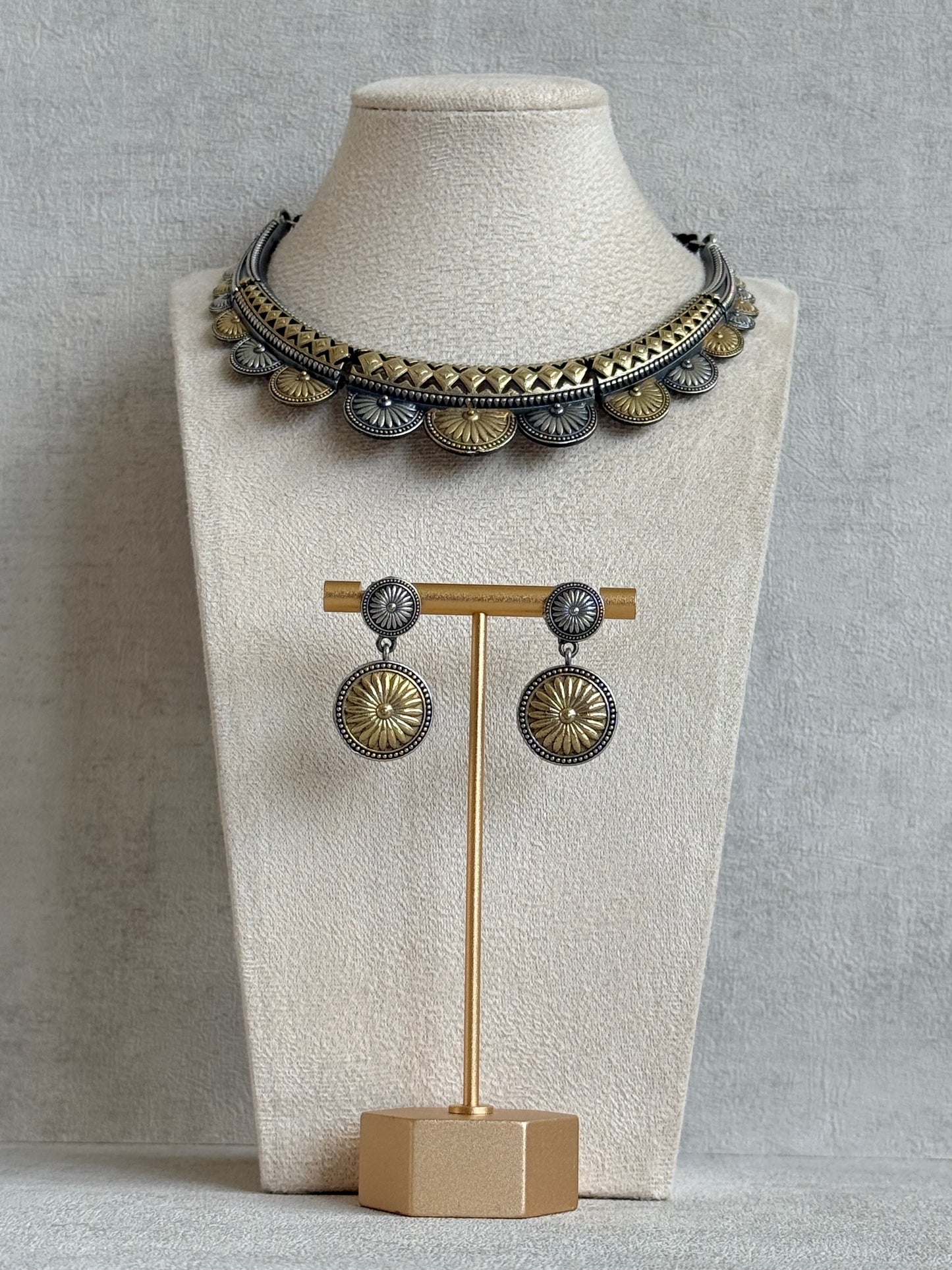 Ayura Designs Surmai Necklace Set with Earrings – Dual Tone Oxidised Necklace with Disc Motifs & Geometric Detailing