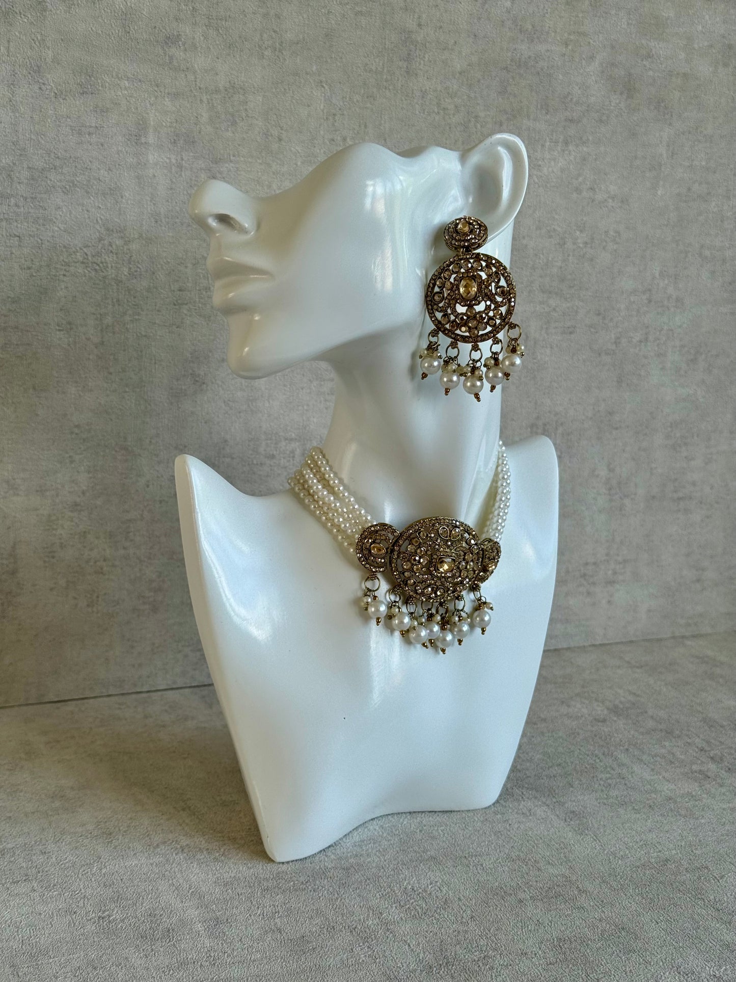 Ayura Designs Saloni Choker Set with Earrings – Antique Gold Finish, Champagne Stones & Pearl Tassels