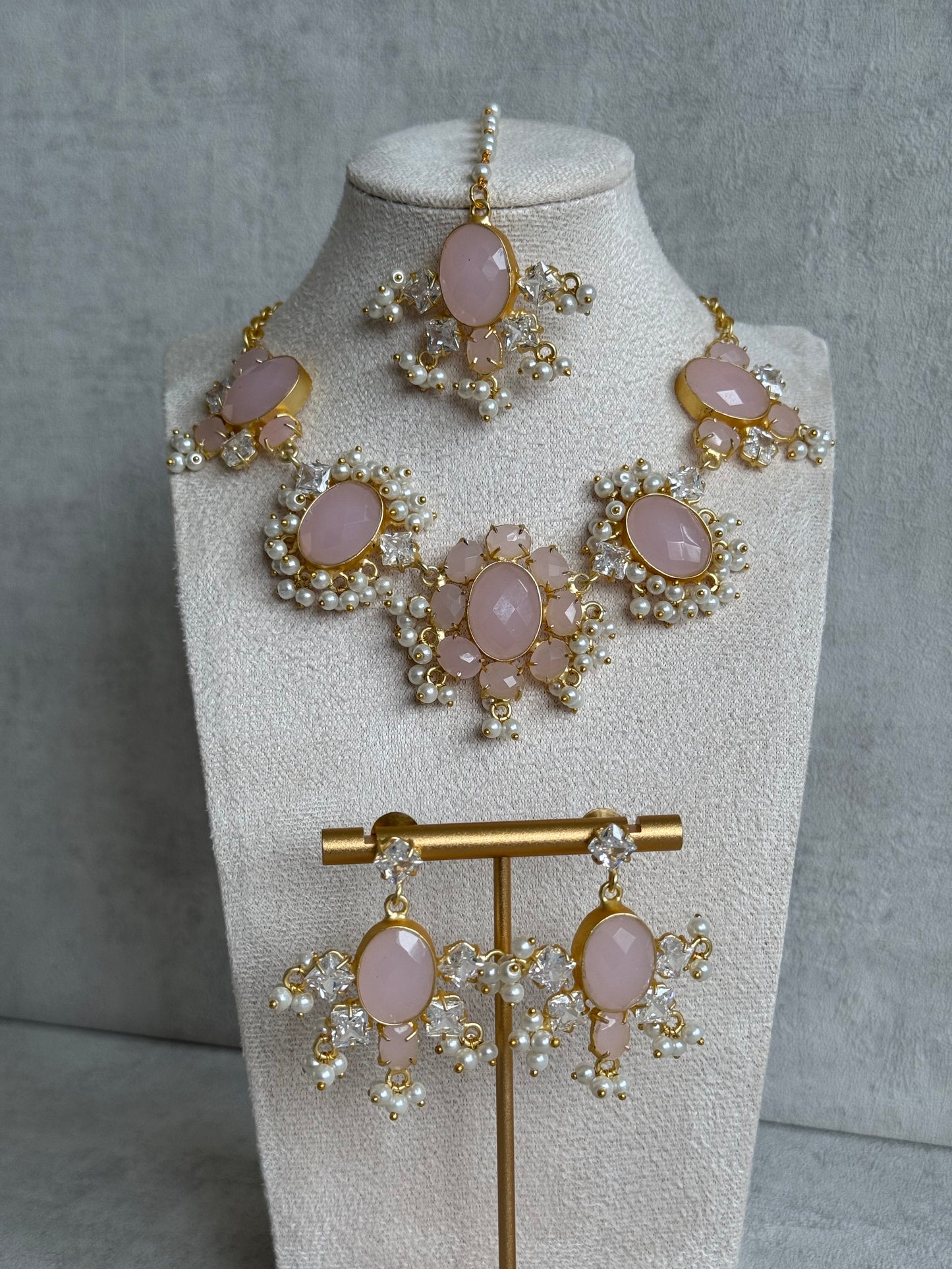 Ayura Designs Parisa Set with Tikka & Earrings – Rose Quartz, Crystals & Pearls