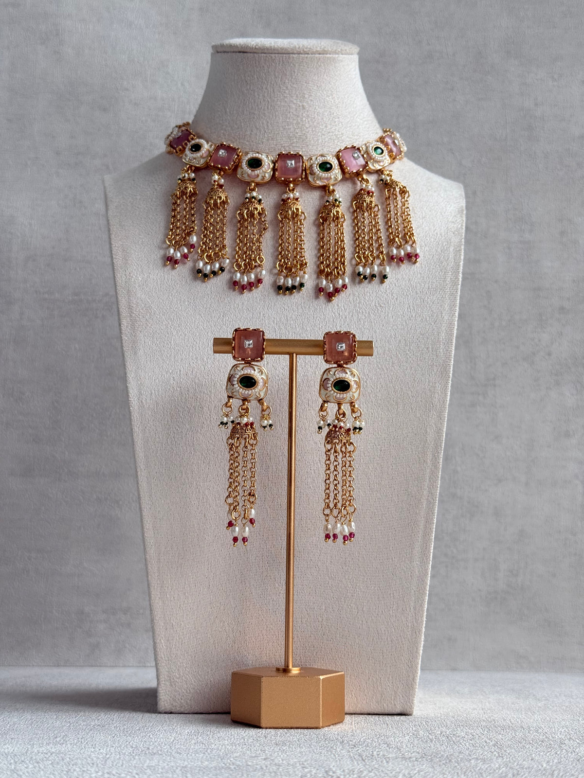 Ayura Designs Thansi Necklace Set with Earrings – Pink & Green Stones, Enamel Detailing, Chains with Pearl Drops & Gold Finish