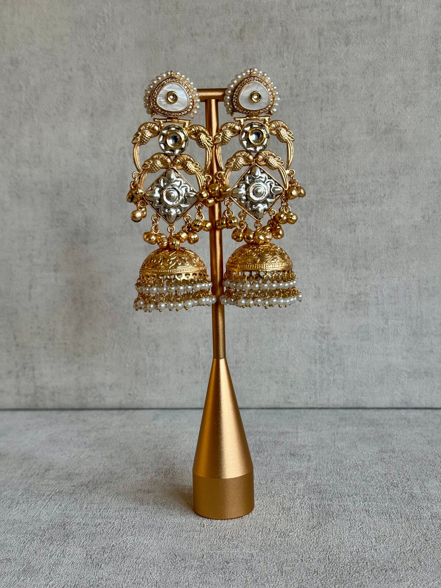 Ayura Designs Zaqsa Earrings – Dual-Tone Antique Gold & Silver Jhumkas with Bird Motifs, Kundan Accents & Pearl Drops