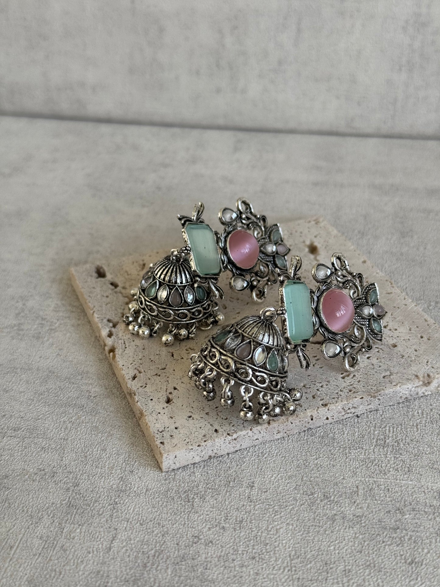 Ayura Designs Noorani Earrings – Oxidised Silver with Pastel Pink & Mint Green Stones, Kundan Detailing & Enamelled Jhumkis