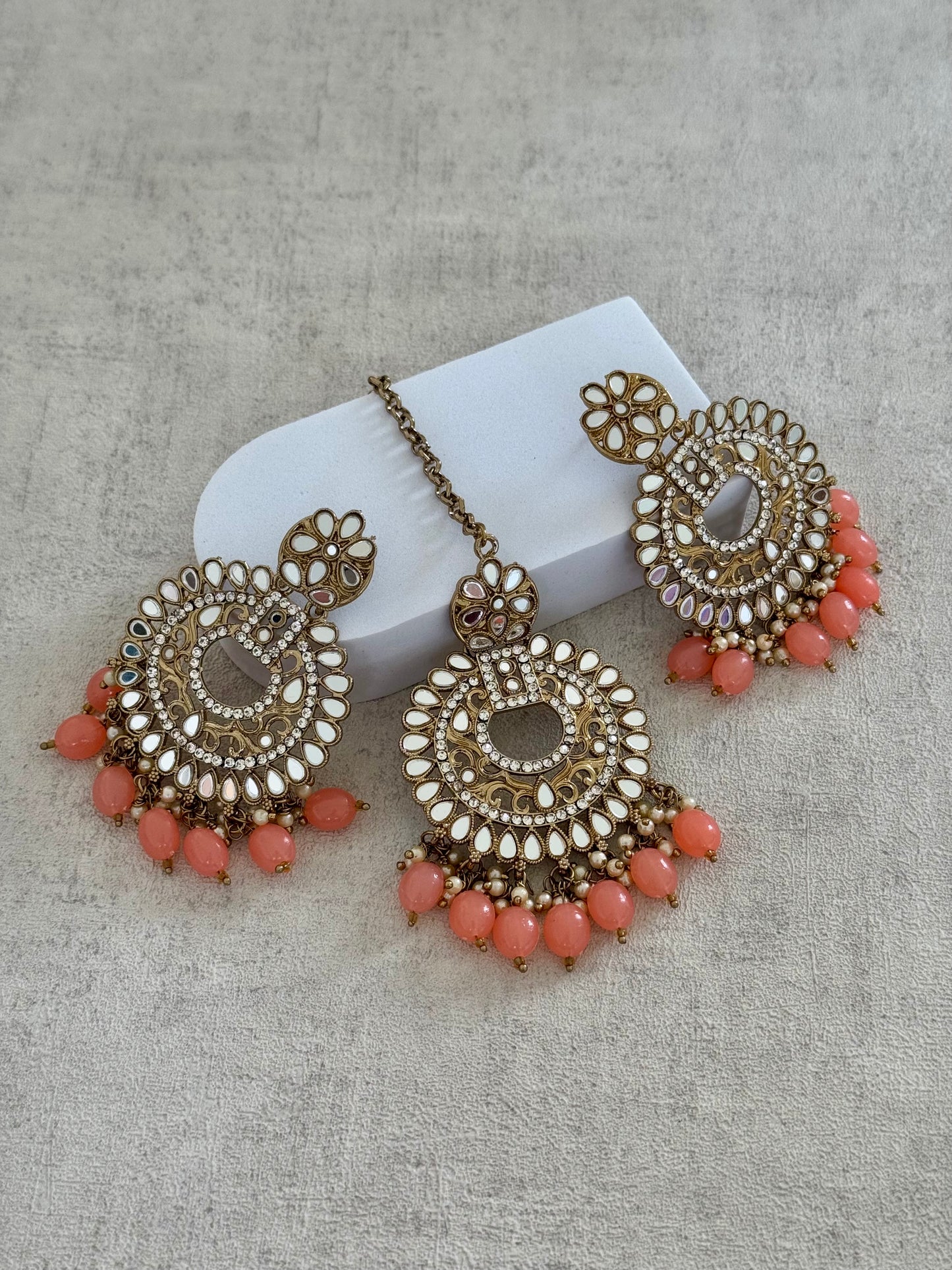Ayura Designs Bahar Tikka Set with Earrings – Peach Beads,Mirror Work & Antique Gold