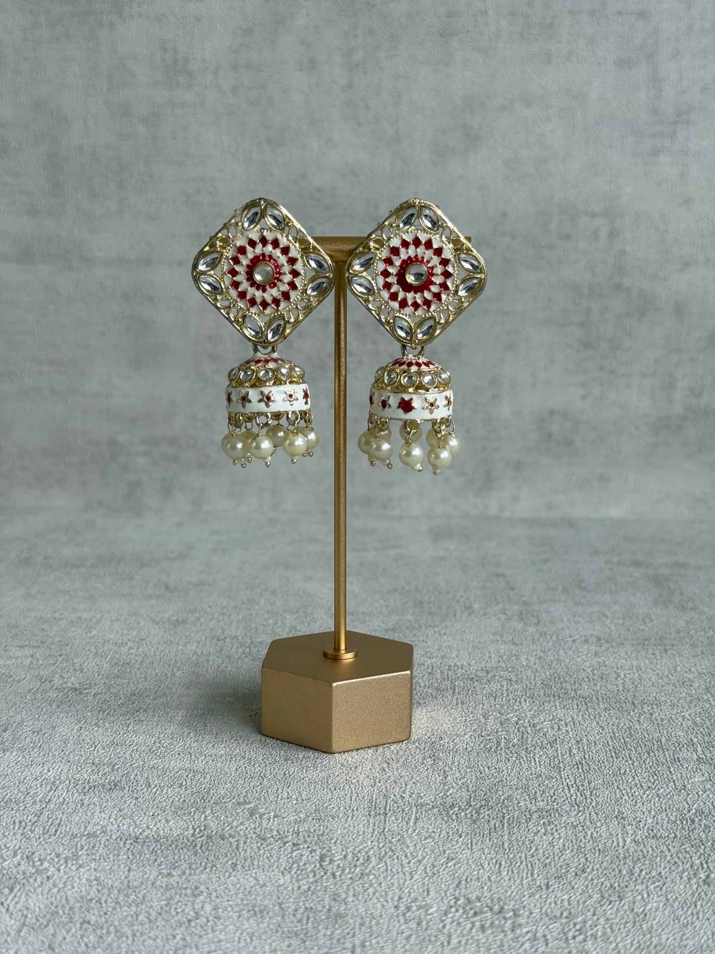 Ayura Designs Rangoli Jhumkis – Ivory & Ruby Red Meenakari with Pearl Drops in Antique Gold Finish