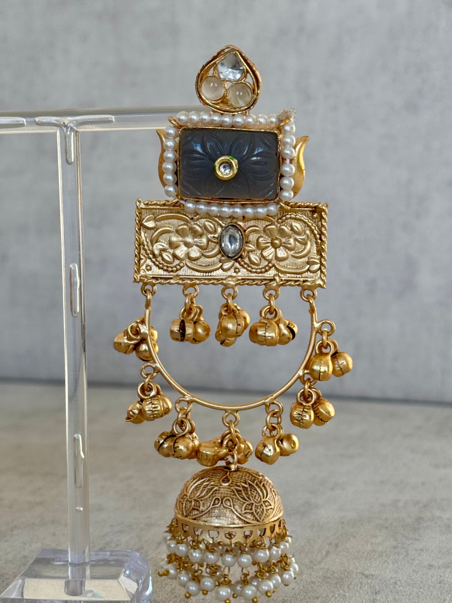 Ayura Designs Bano Earrings – Handcrafted Brass Jhumka Earrings with Carved Grey Stone, Floral Engraving & Pearl Drops