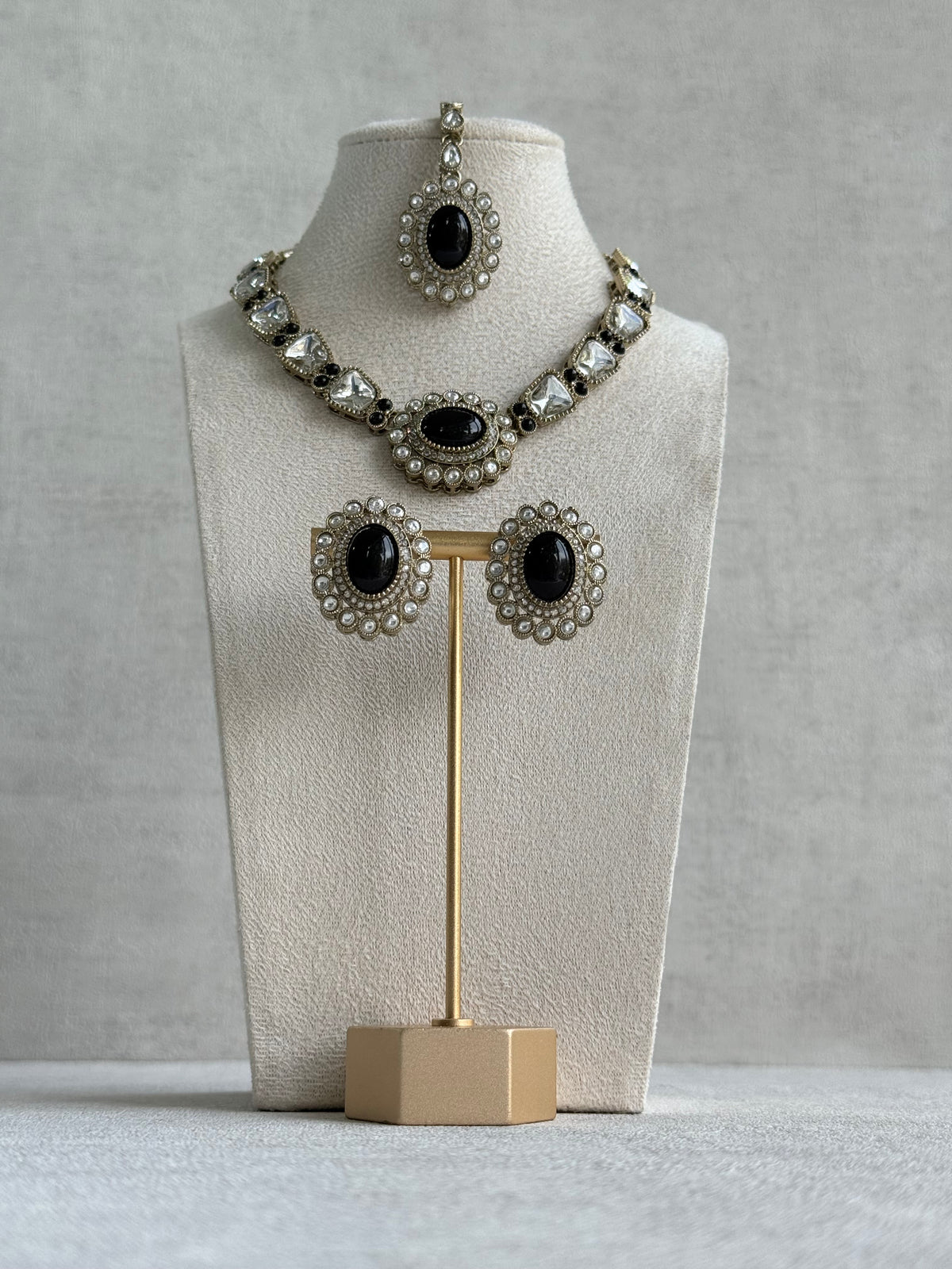 Ayura Designs Inza Necklace Set – Black Stones, Kundan & Crystals with Antique Gold Finish