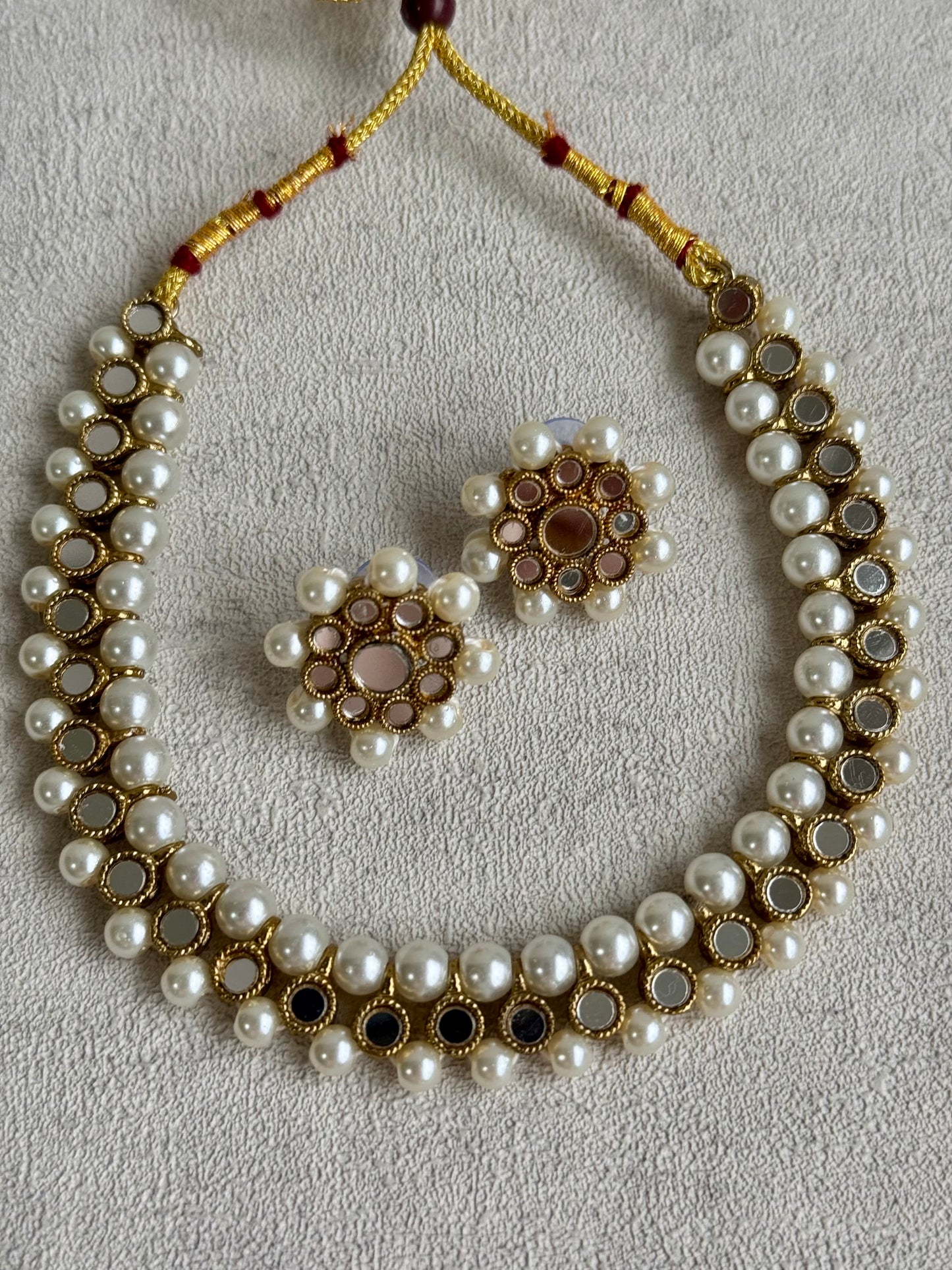 Ayura Designs Hala Set with Studs – Mixed Mirror Work & Pearls in Gold Finish