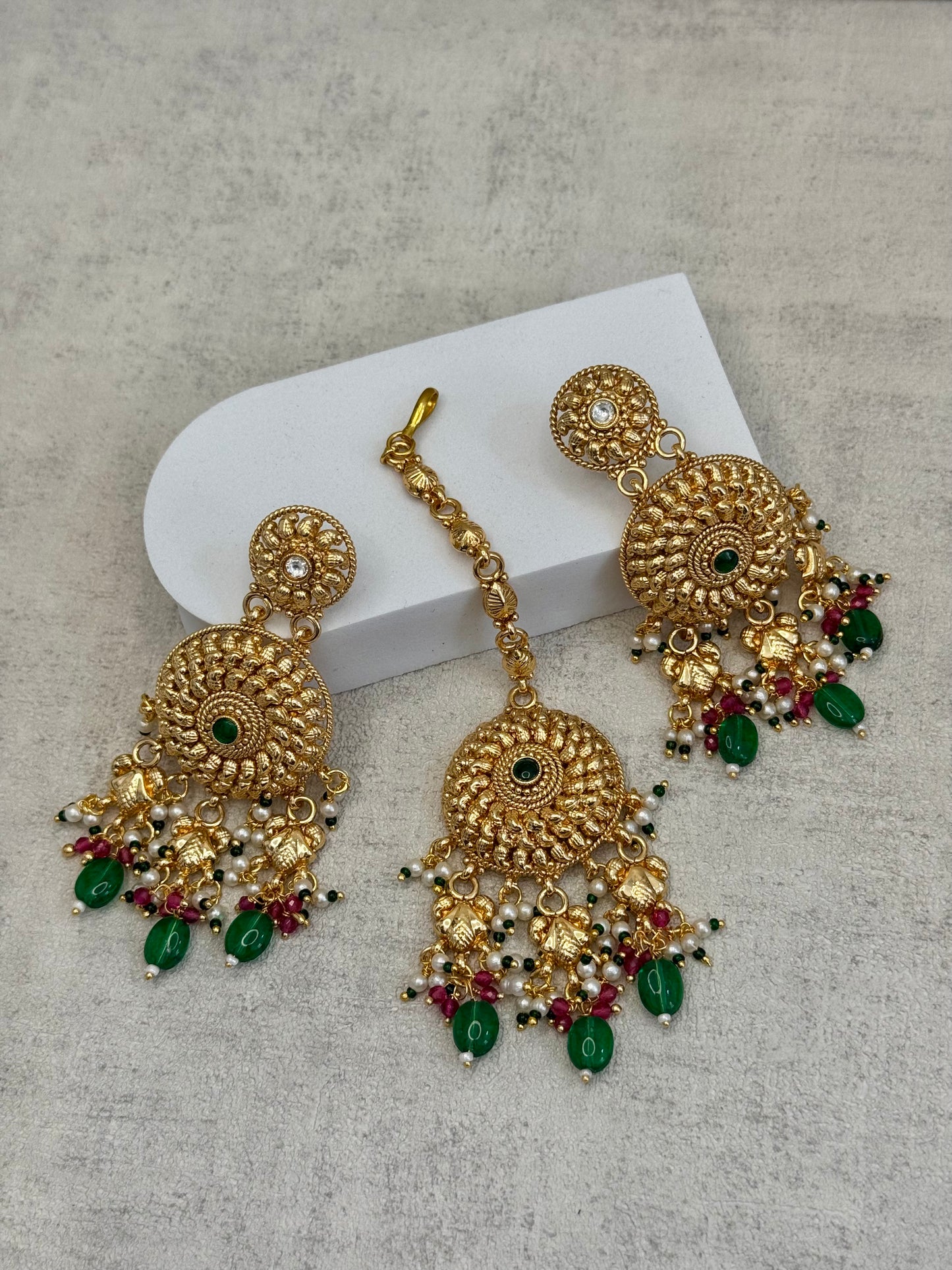 Ayura Designs Hoor Tikka & Earrings – Opulent Gold Adornment with Emerald Green, Pink and White Beads