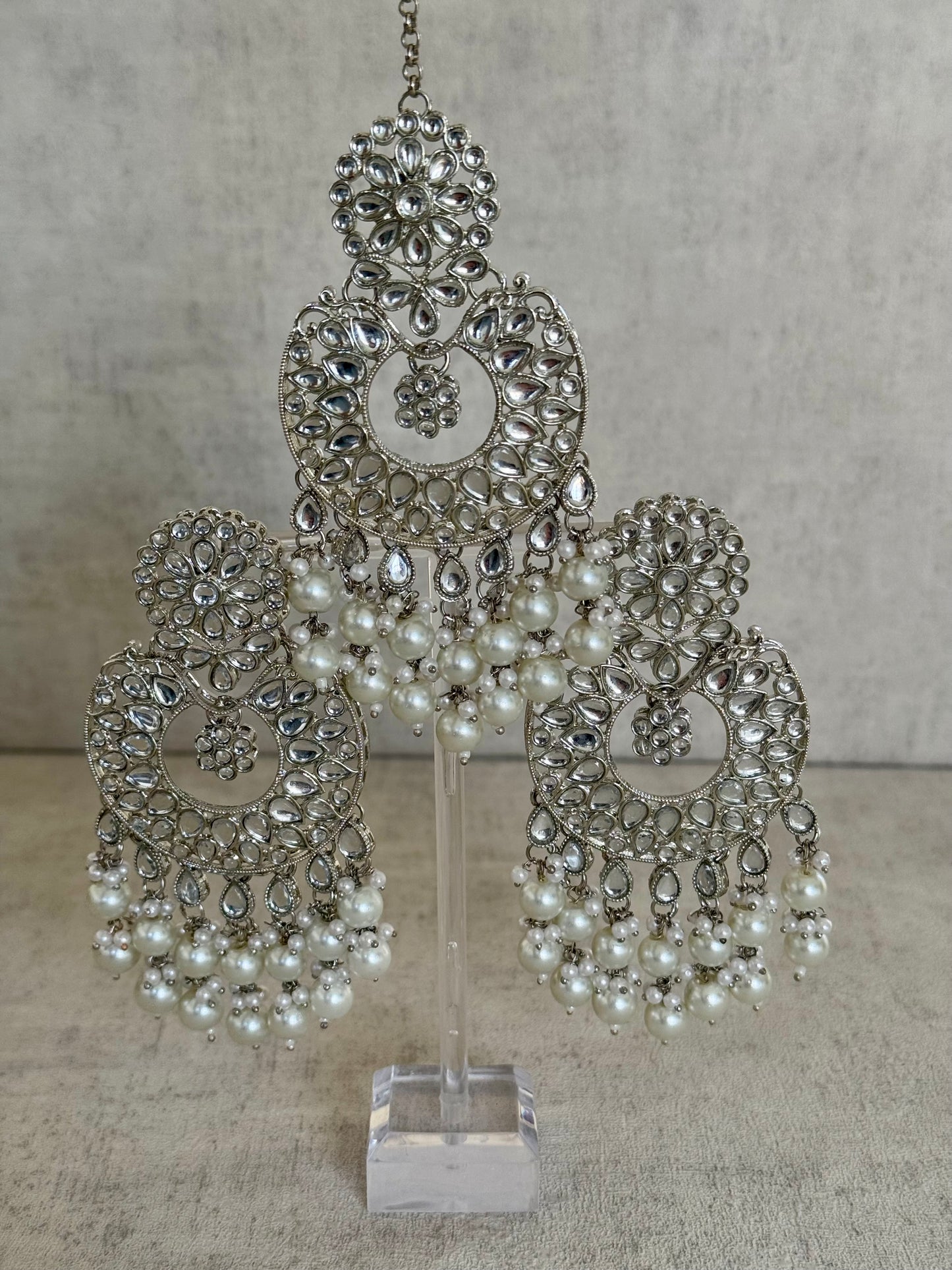 Ayura Designs Roshni Tikka Set - Silver Kundan with Pearl Detailing