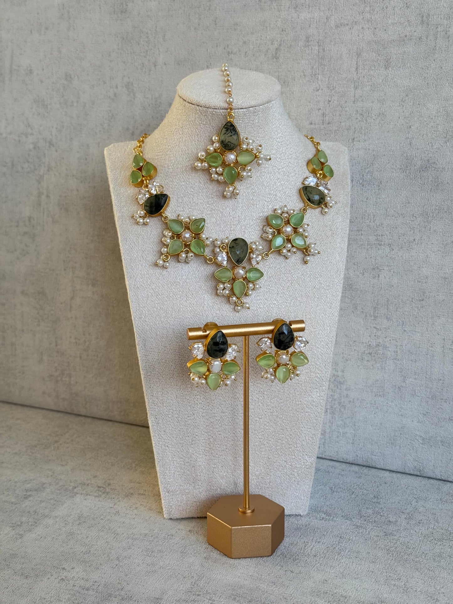Ayura Designs Zaria Set with Tikka & Earrings – Prehnite, Dark Quartz, Pearls & Crystals