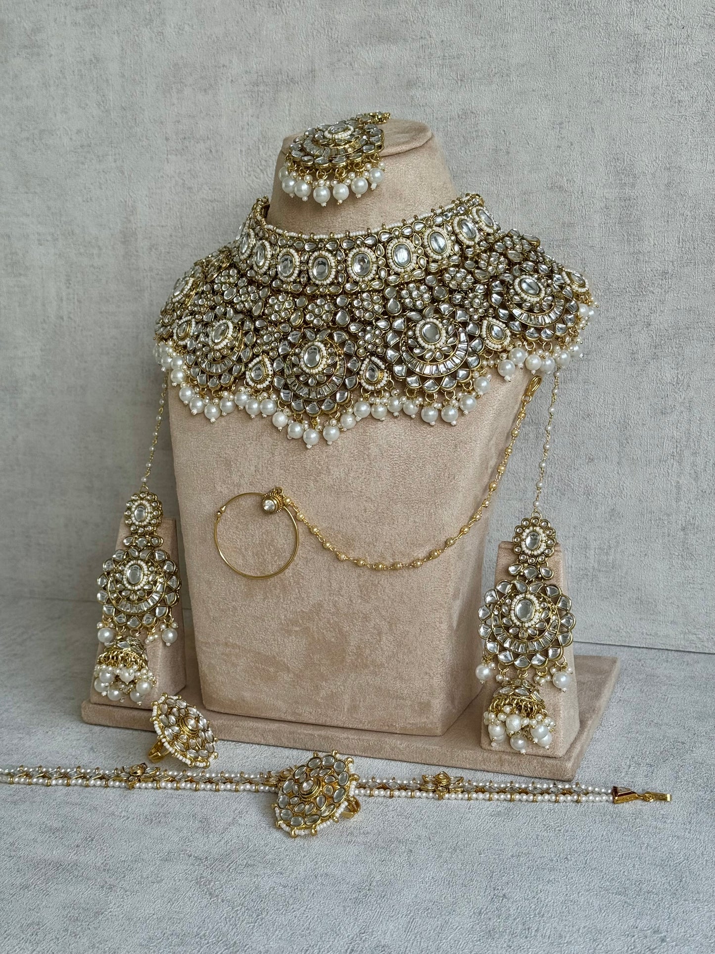 Ayura Designs Meherbano Bridal Set with Necklace, Jhumkis, Tikka, Nath, Ring & Sheeshphool – Mirror-Cut Stones with Pearl Detailing