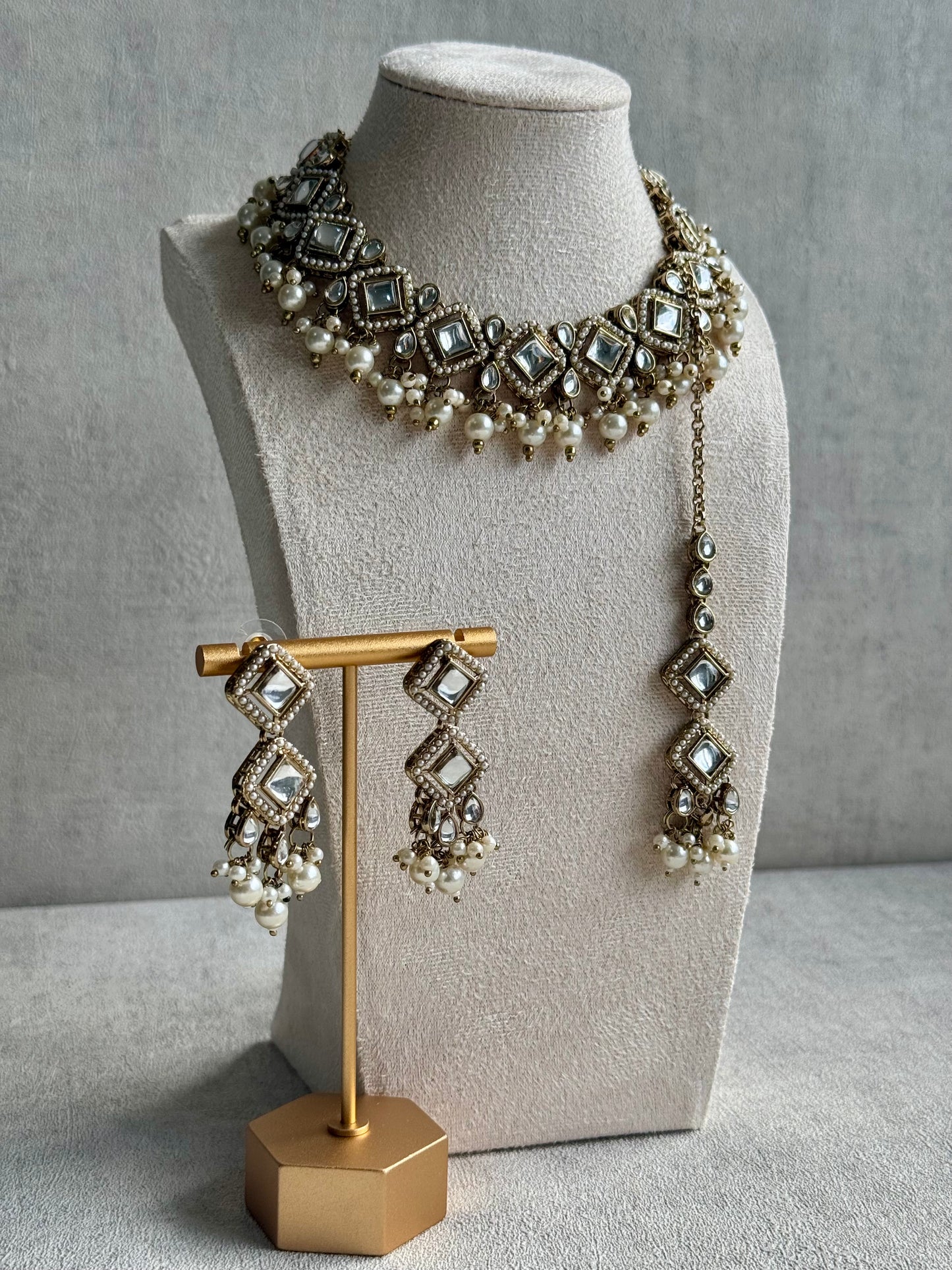 Ayura Designs Talia Set with Earrings & Tikka – Champagne Gold, Kundan & Pearls