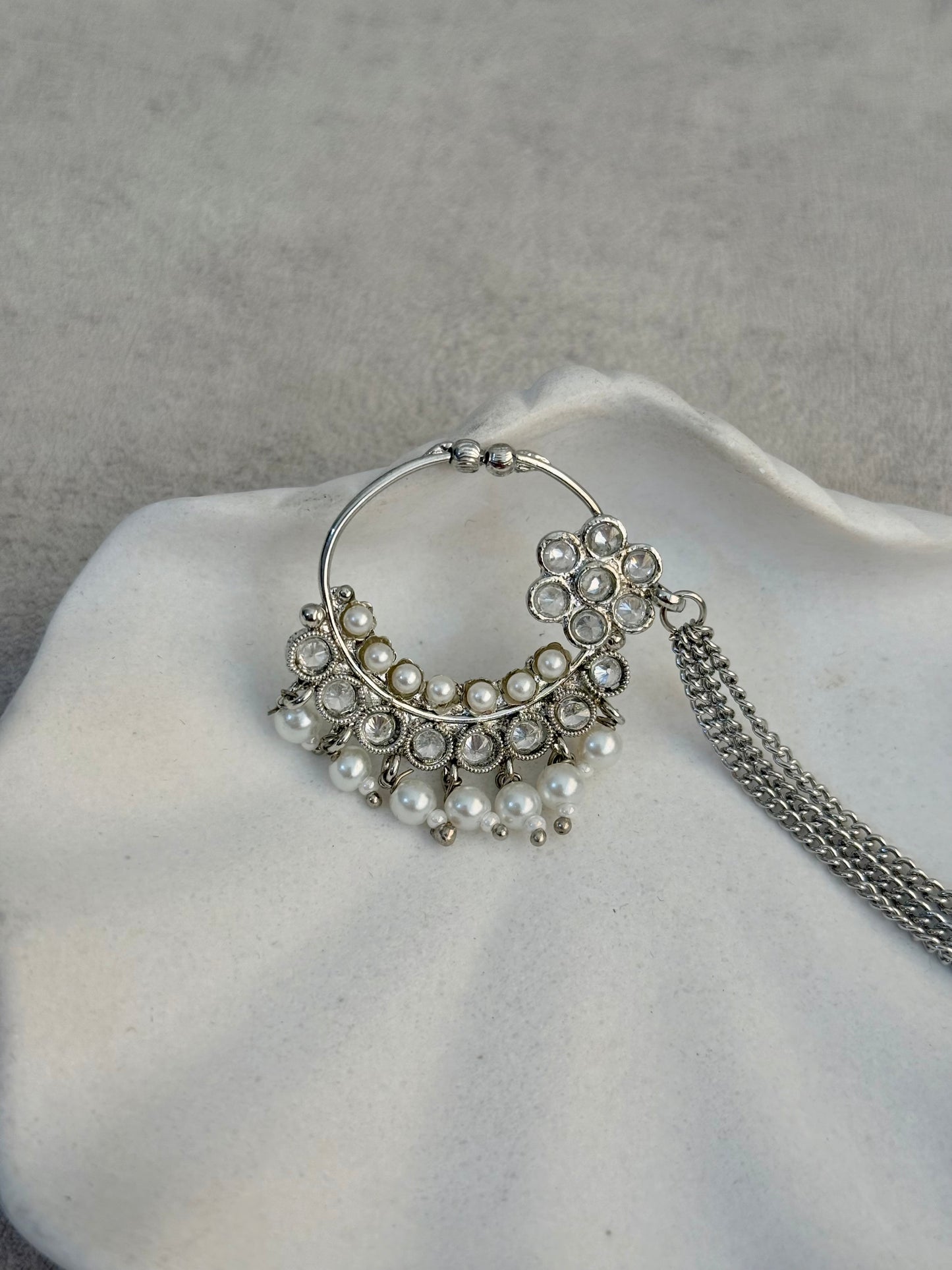 Ayura Designs Kasu Nath – Silver Nath with Pearl Drops, Crystal Detailing & Layered Chain Design