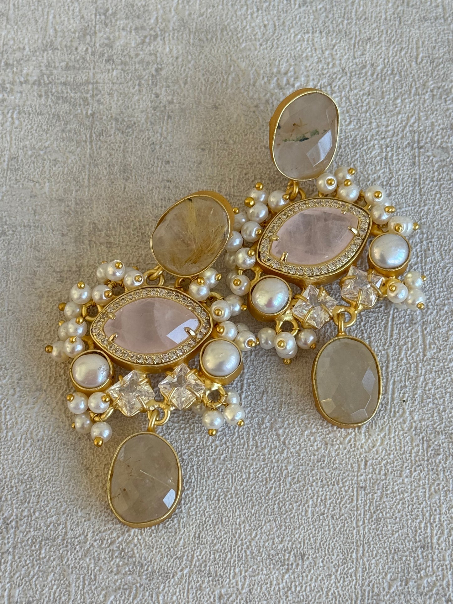 Ayura Designs Aurelia Earrings – Rutilated Quartz, Rose Quartz, Pearls & Crystals