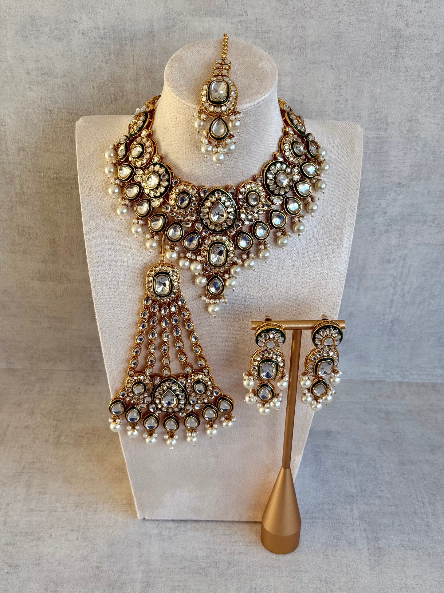 Ayura Designs Jashan Set with Necklace, Earrings, Tikka & Passa – Kundan Detailing, Ivory Pearl Drops
