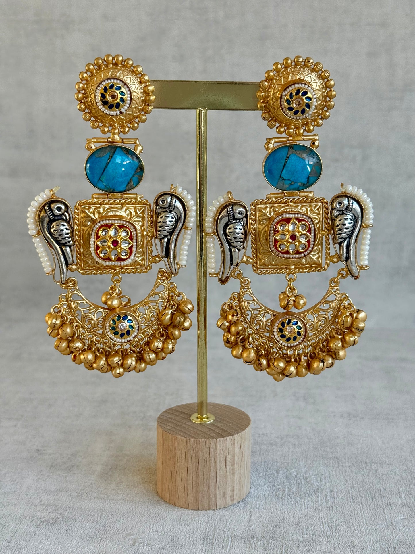 Ayura Designs Soha Earrings – Antique Gold with Turquoise Stone & Oxidised Parrots