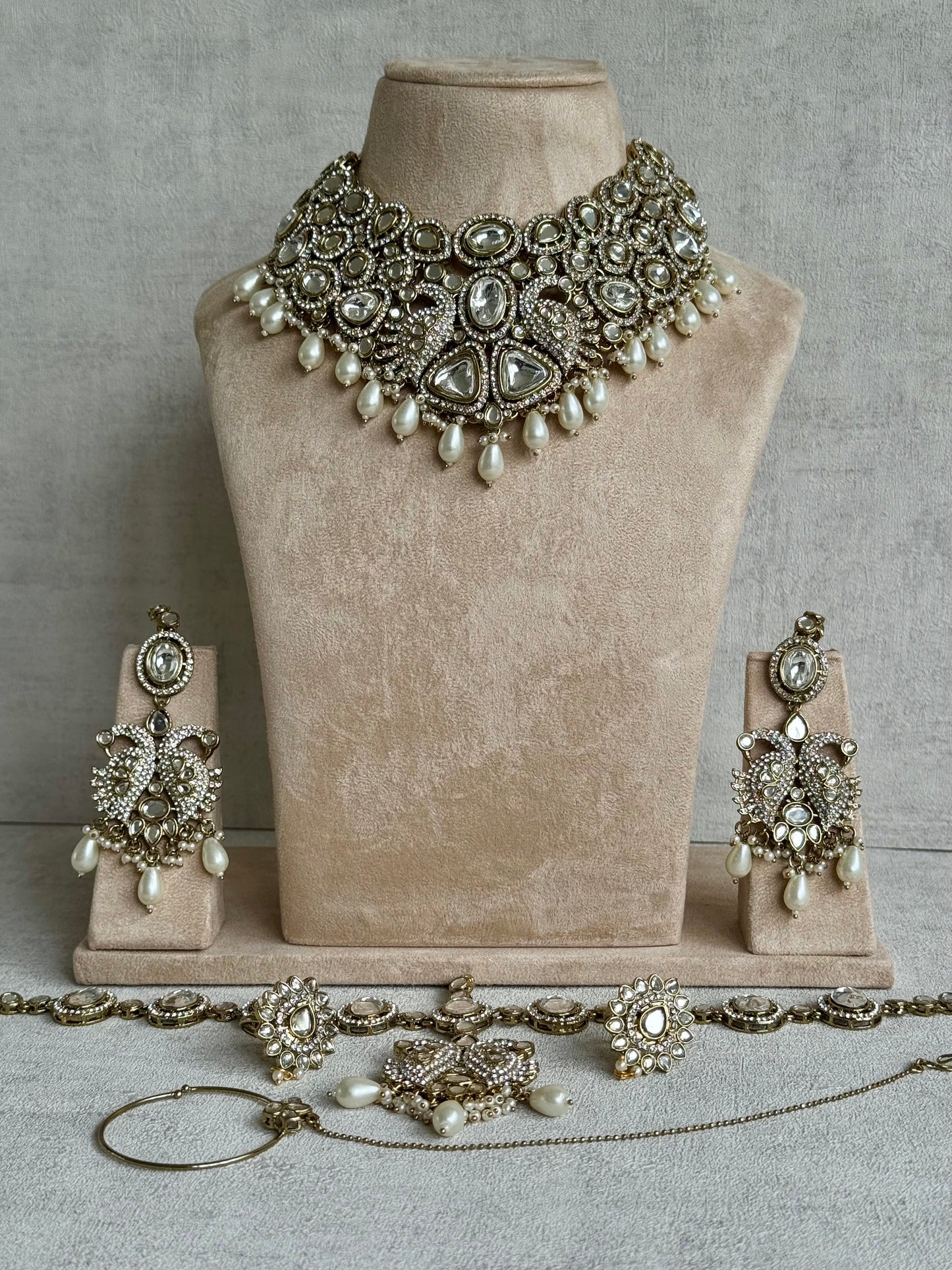 Ayura Designs Tajdar Bridal Set with Necklace, Jhumkis, Tikka, Nath, Ring & Sheeshphool – Jadau Kundan Craftsmanship with Mirror-Cut Polki, Ivory Pearl Drops & Antique Silver-Gold Finish